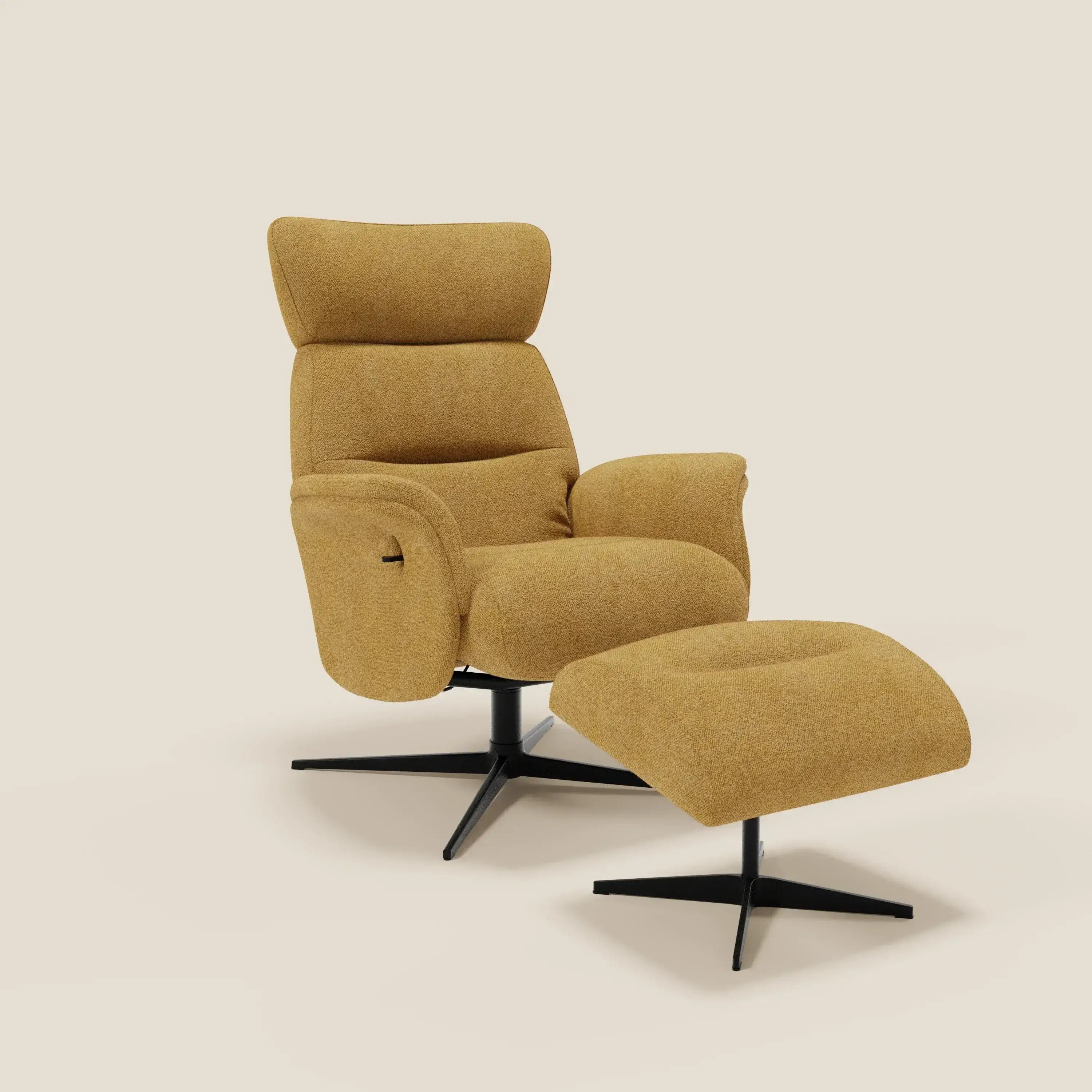 La poltrona relax Lunor reclinabile con pouf poggiapiedi di Divani.Store è rivestita in bouclé impermeabile T07 giallo, con imbottitura confortevole, bracciolo a leva e basi girevoli in metallo nero per un look moderno.
