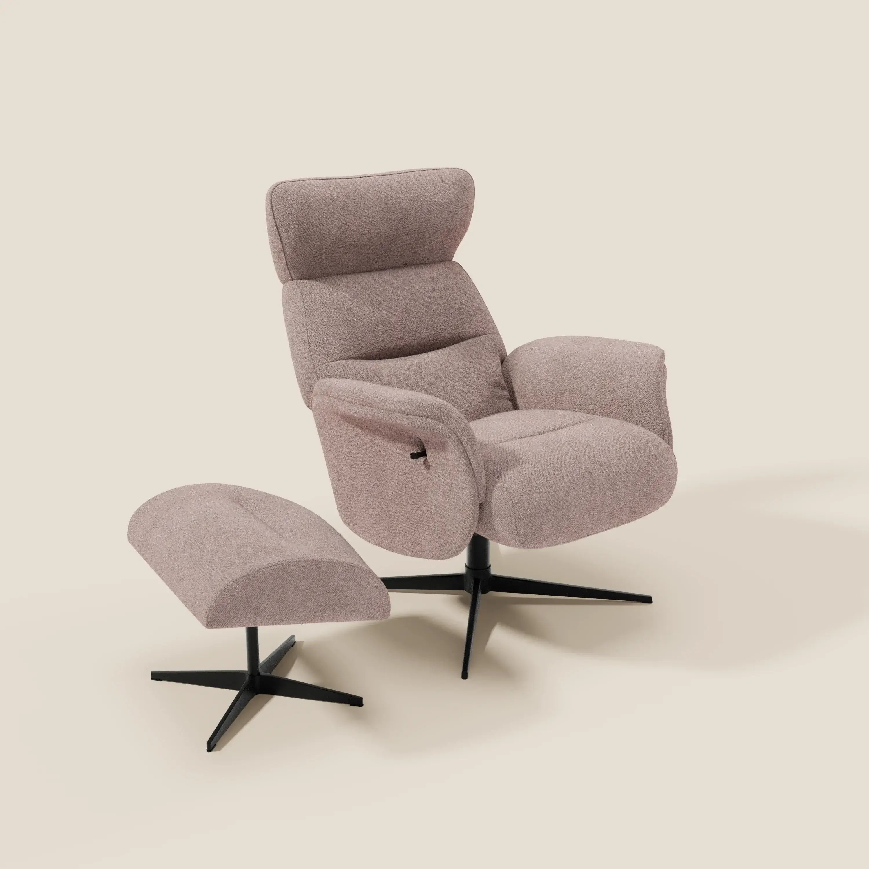 Lunor Poltrona relax reclinabile con pouf poggia-piedi in tessuto bouclé impermeabile T07 rosa