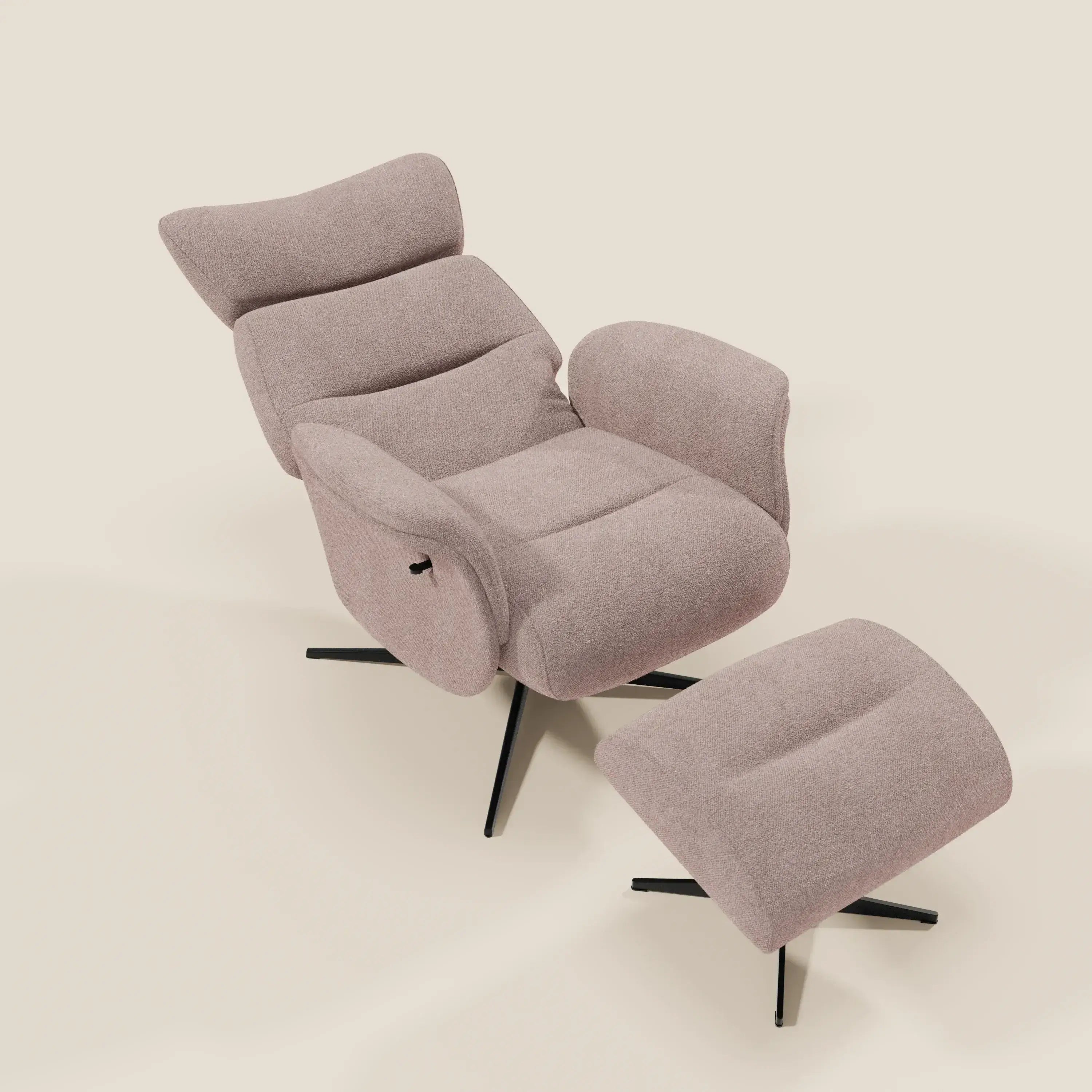 Lunor Poltrona relax reclinabile con pouf poggia-piedi in tessuto bouclé impermeabile T07 rosa