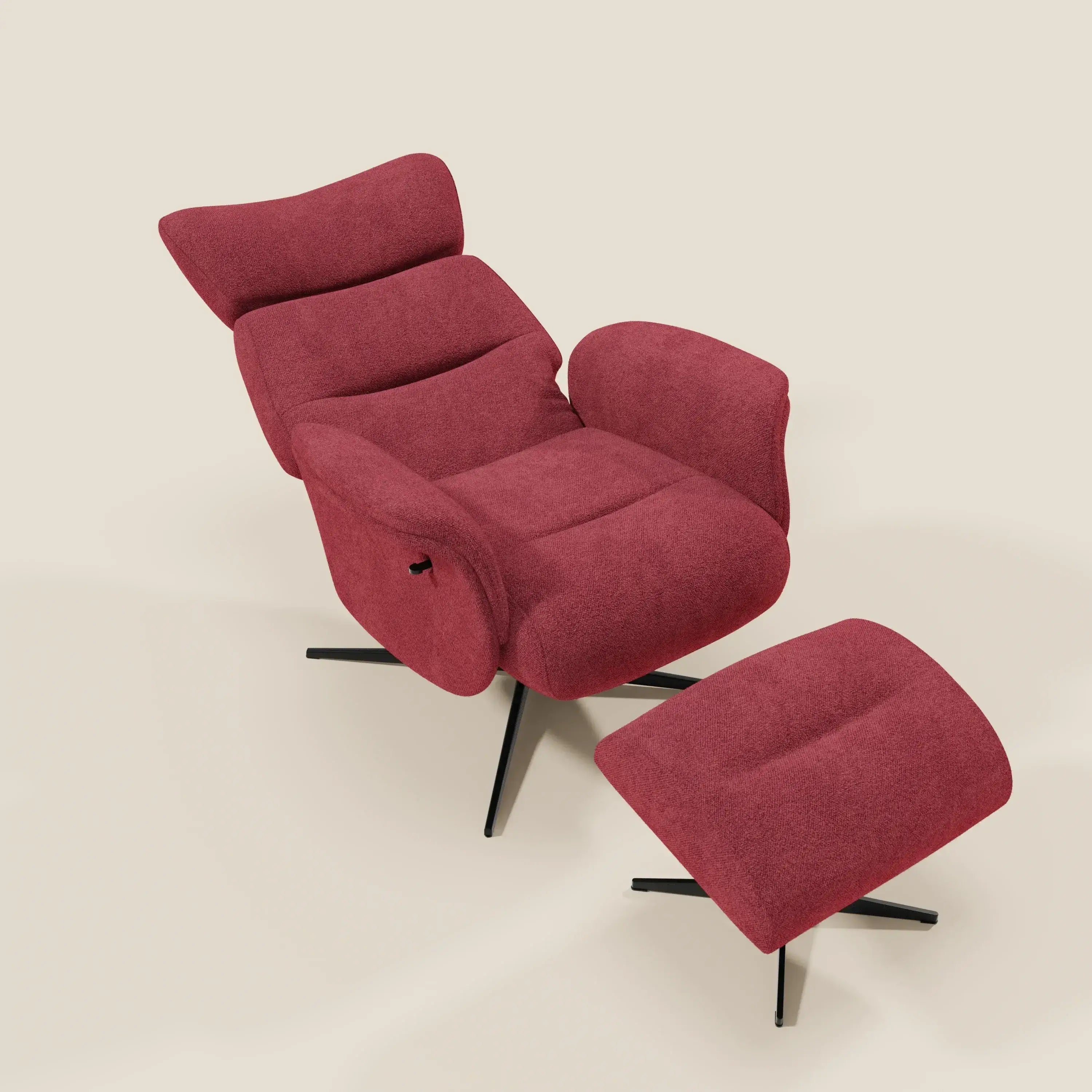 Lunor Poltrona relax reclinabile con pouf poggia-piedi in tessuto bouclé impermeabile T07 rosso