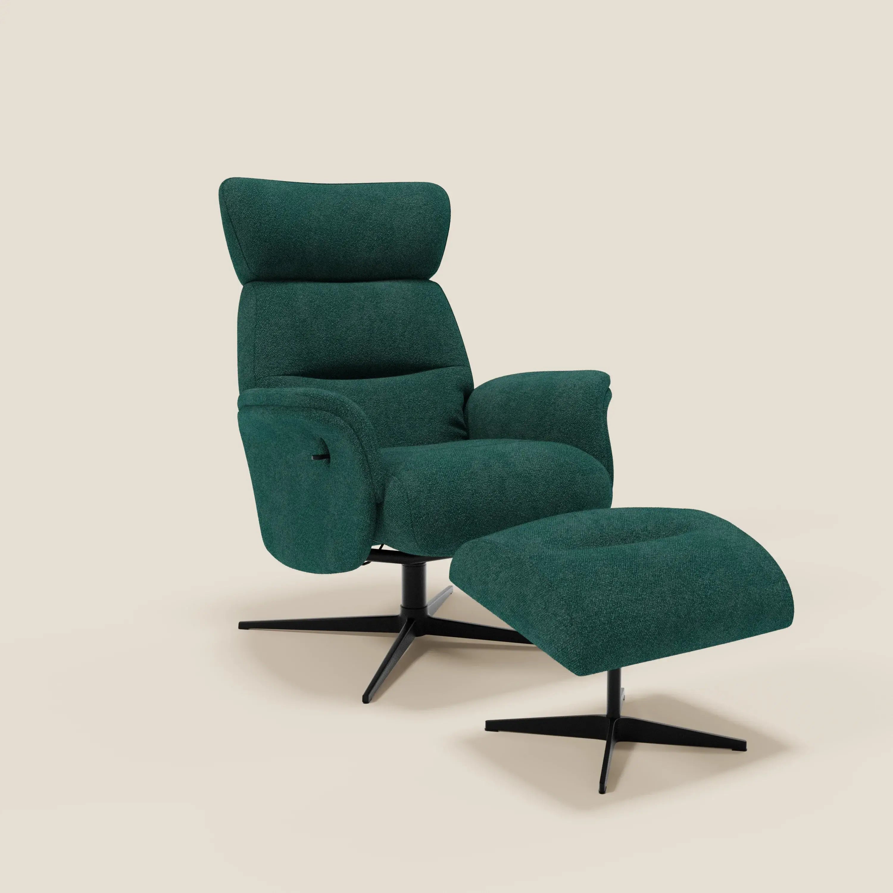 La Poltrona relax Lunor reclinabile con pouf poggiapiedi in tessuto bouclé impermeabile T07 verde di Divani.Store è caratterizzata da una moderna poltrona reclinabile verde scuro e da un pouf abbinato su basi girevoli nere, con schienale alto, braccioli imbottiti e un comfort soffice.