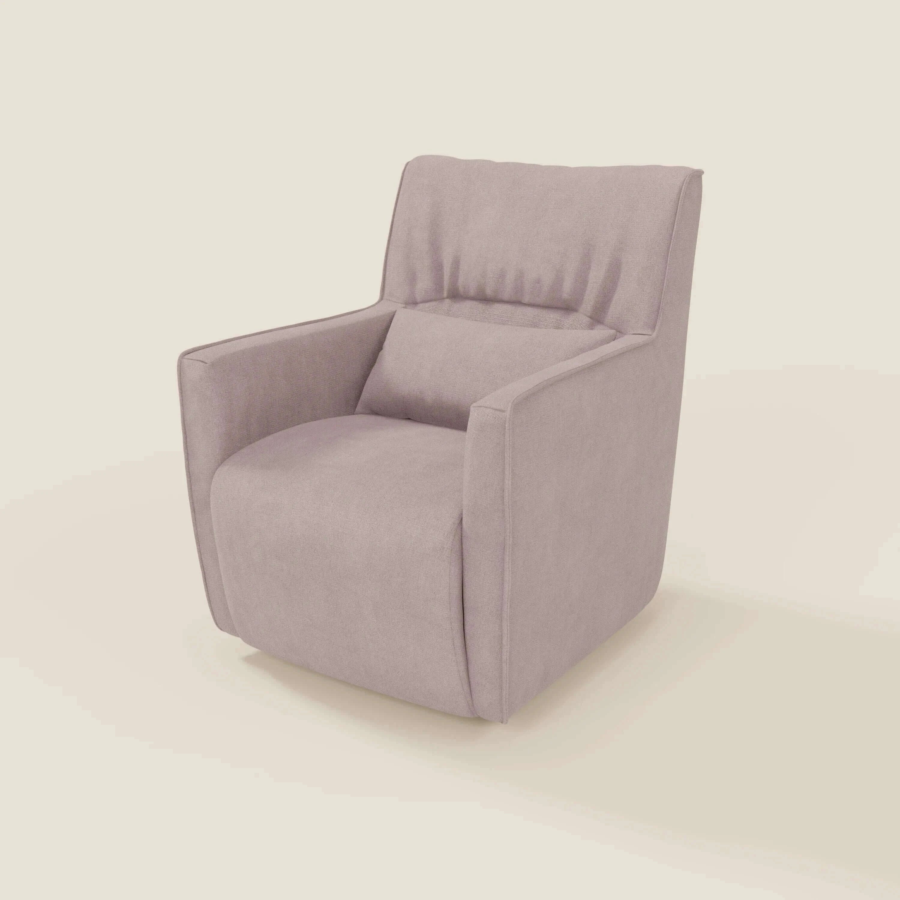 La poltrona girevole Tulla in tessuto impermeabile T02 rosa di Divani.Store è caratterizzata da un morbido tessuto rosa, un alto schienale trapuntato, braccioli delicatamente inclinati e una seduta squadrata e compatta. Presentata su uno sfondo beige chiaro.