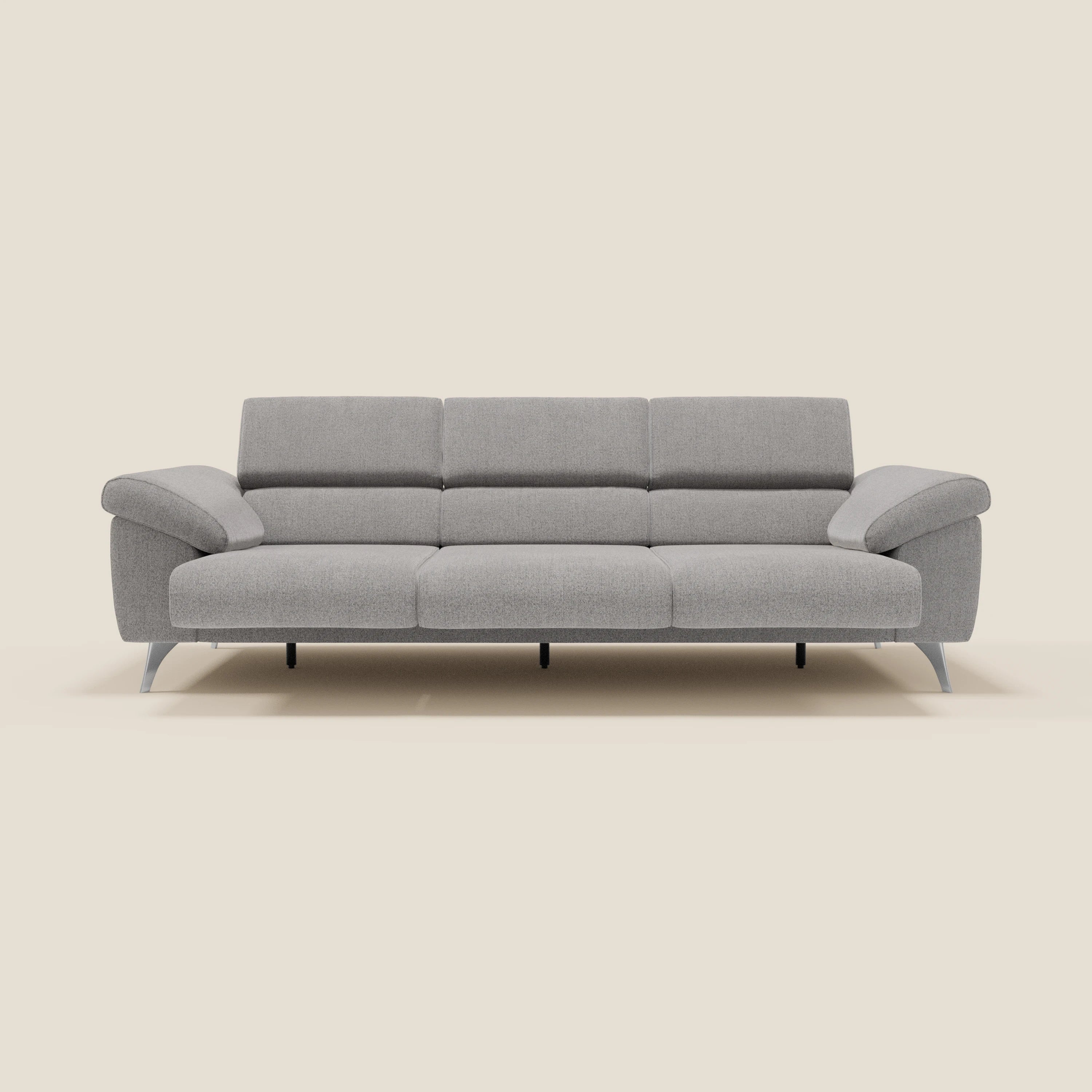 Donatello Sofa mit 3 ausziehbaren Sitzen, Armlehnen mit Staufach und verstellbaren Kopfstützen aus abwaschbarem Stoff T23 grau