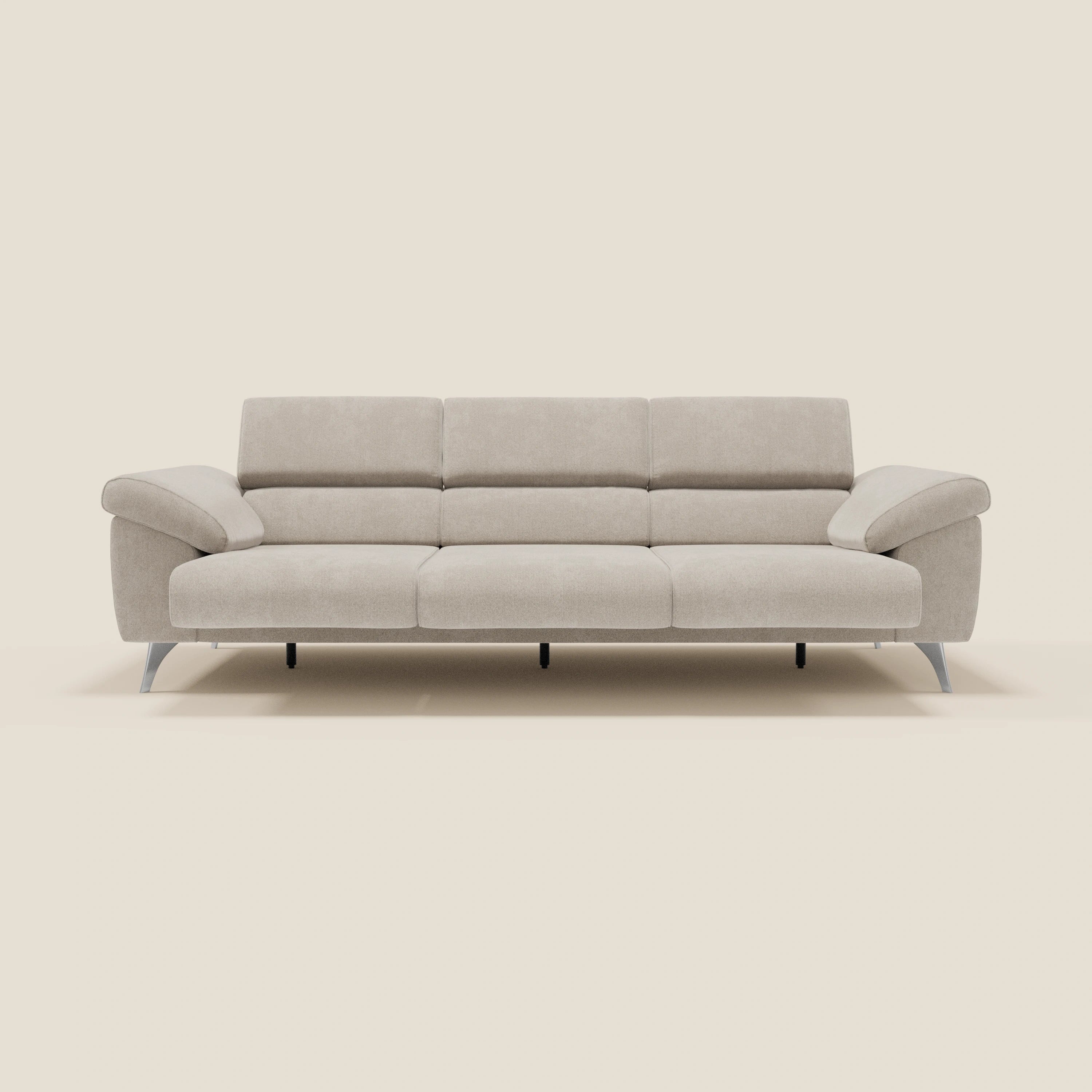 Donatello Sofa mit 3 ausziehbaren Sitzen, Armlehnen mit Staufach und verstellbaren Kopfstützen aus abwaschbarem Stoff T23 creme