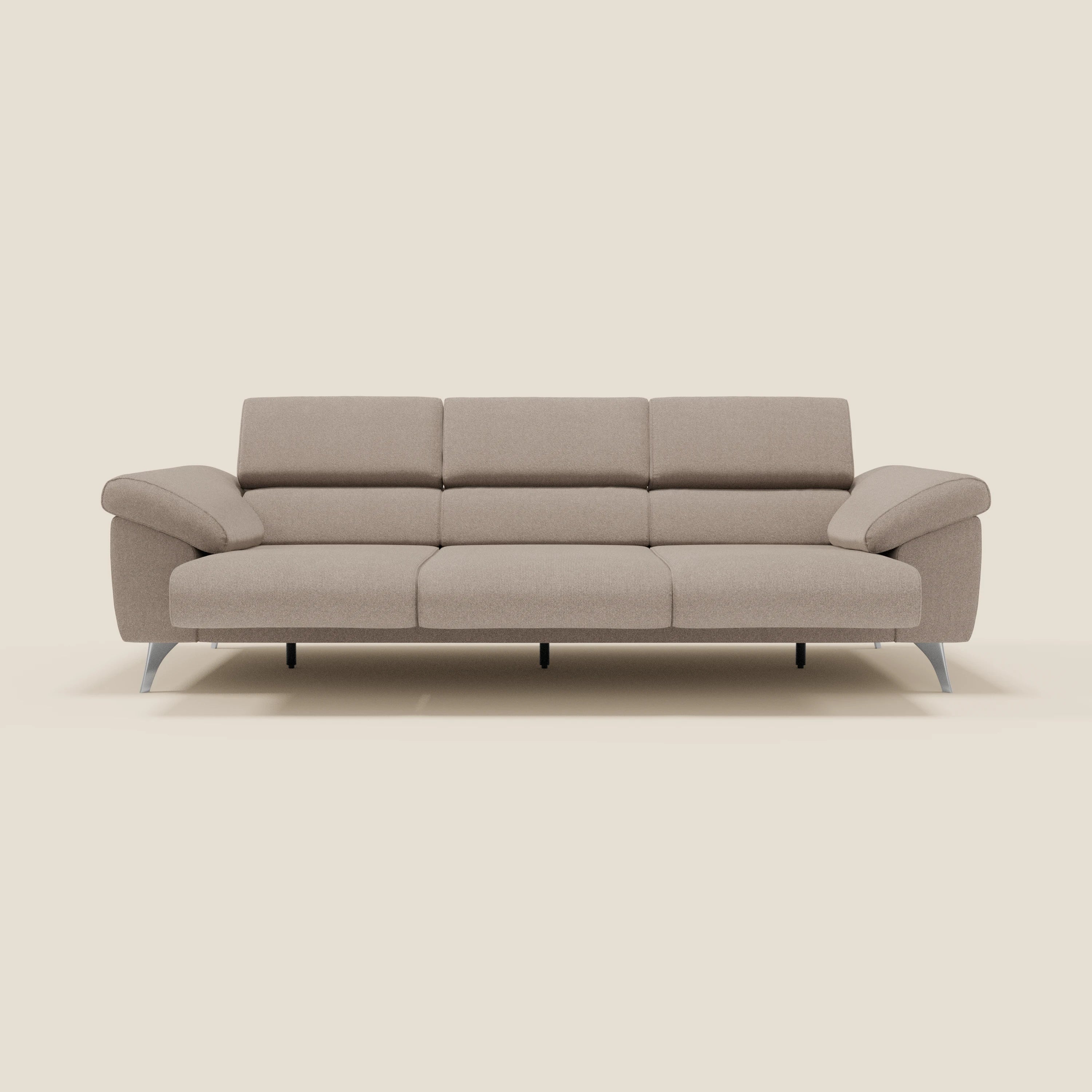 Donatello Sofa mit 3 ausziehbaren Sitzen, Armlehnen mit Staufach und verstellbaren Kopfstützen aus abwaschbarem Stoff T23 graubeige