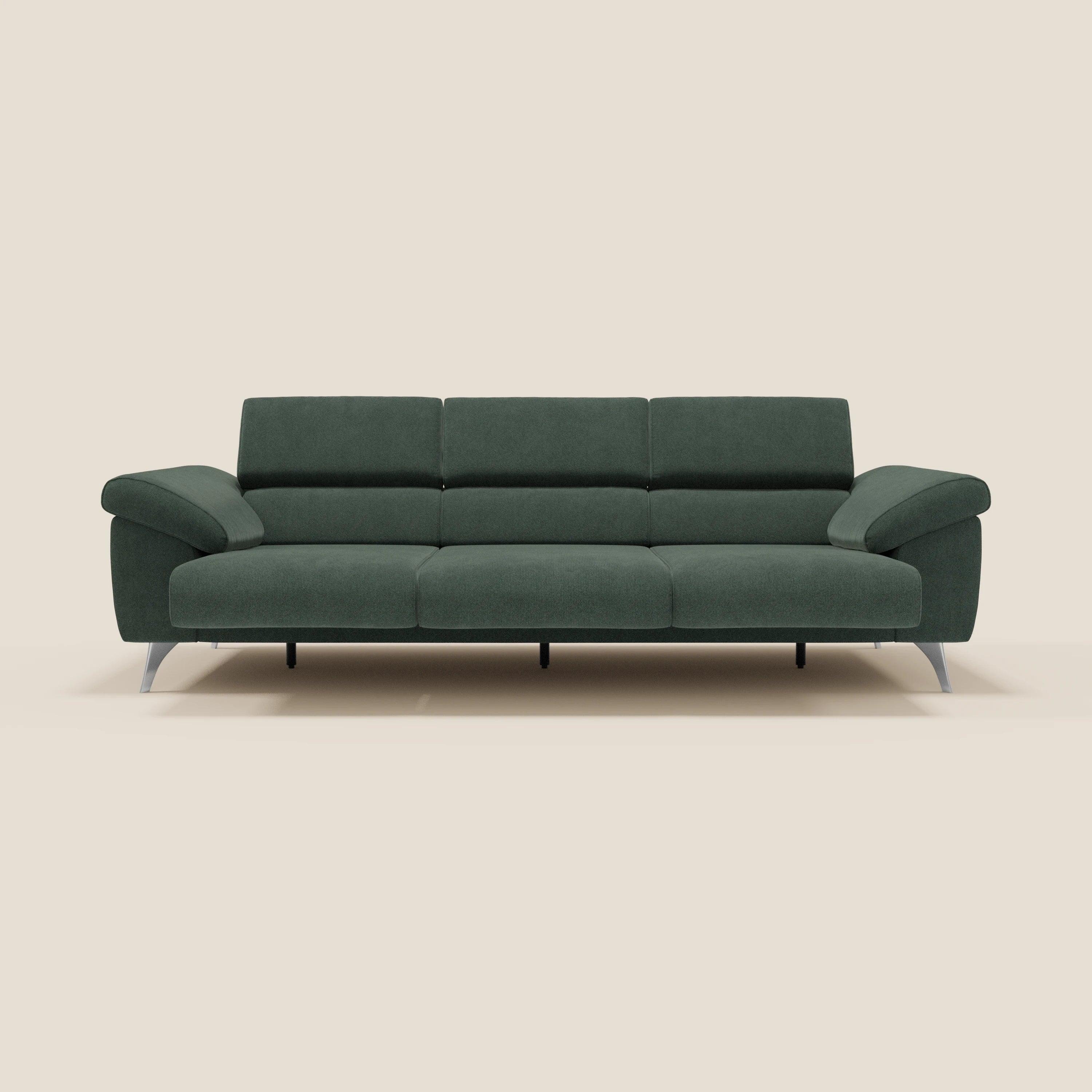 Donatello Sofa mit 3 ausziehbaren Sitzen, Armlehnen mit Staufach und verstellbaren Kopfstützen aus abwaschbarem Stoff T23 grün