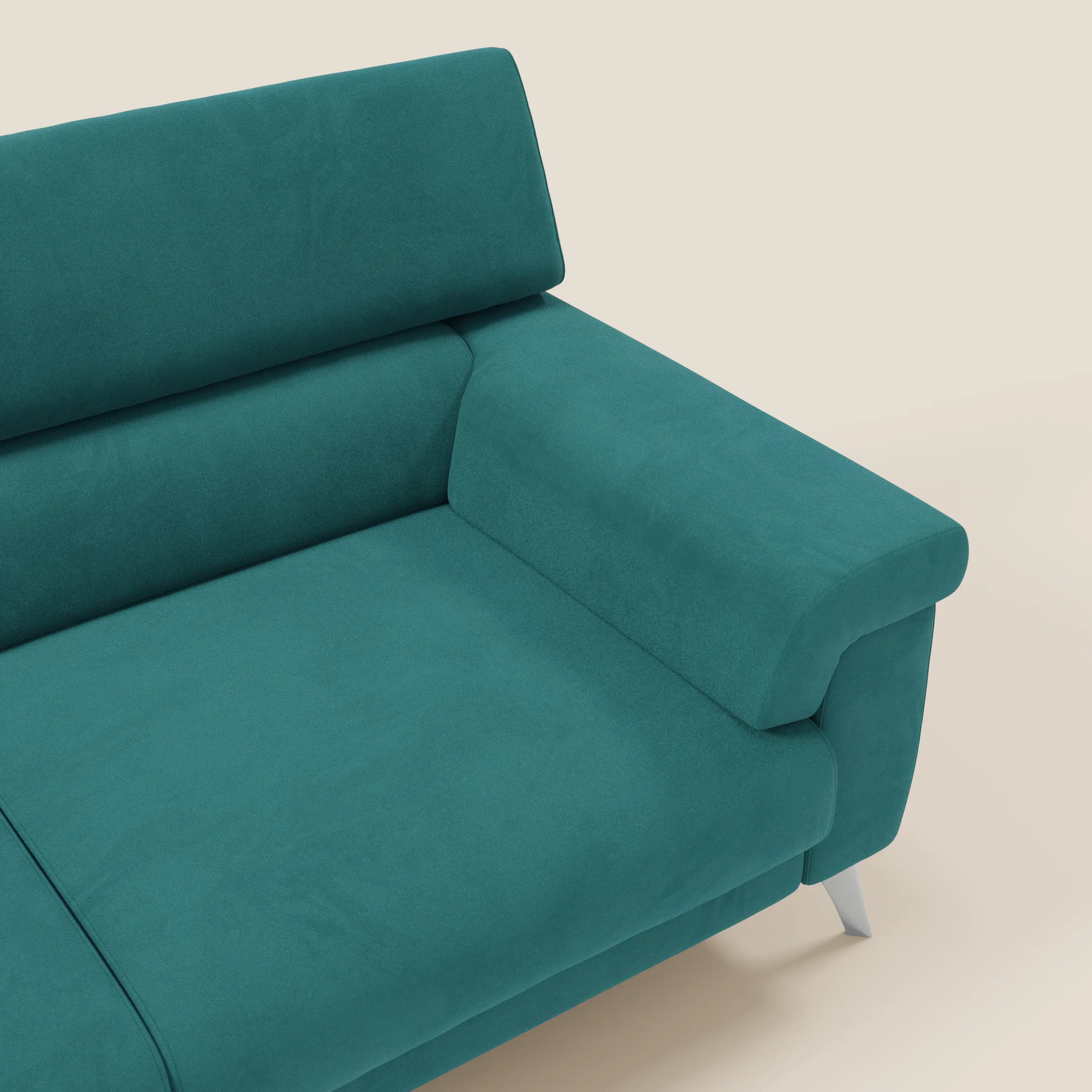 Raffaello Sofa mit ausziehbaren Sitzen und verstellbaren Kopfstützen aus abwaschbarer Mikrofaser T11 petrol