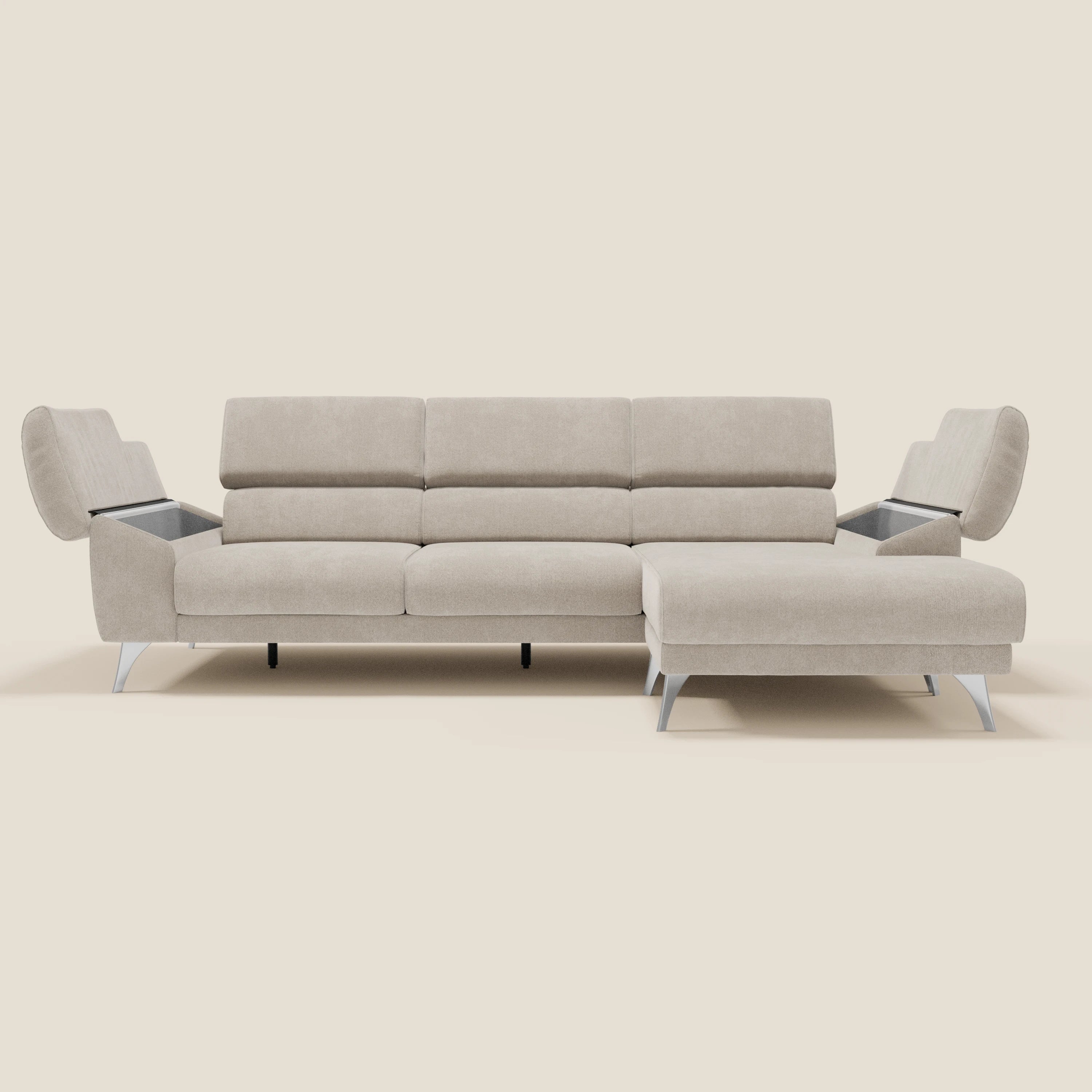 Donatello Ecksofa mit verschiebbaren Sitzen, Armlehnen mit Stauraum und Kopfstütze aus weichem, abwaschbarem Stoff T23 creme