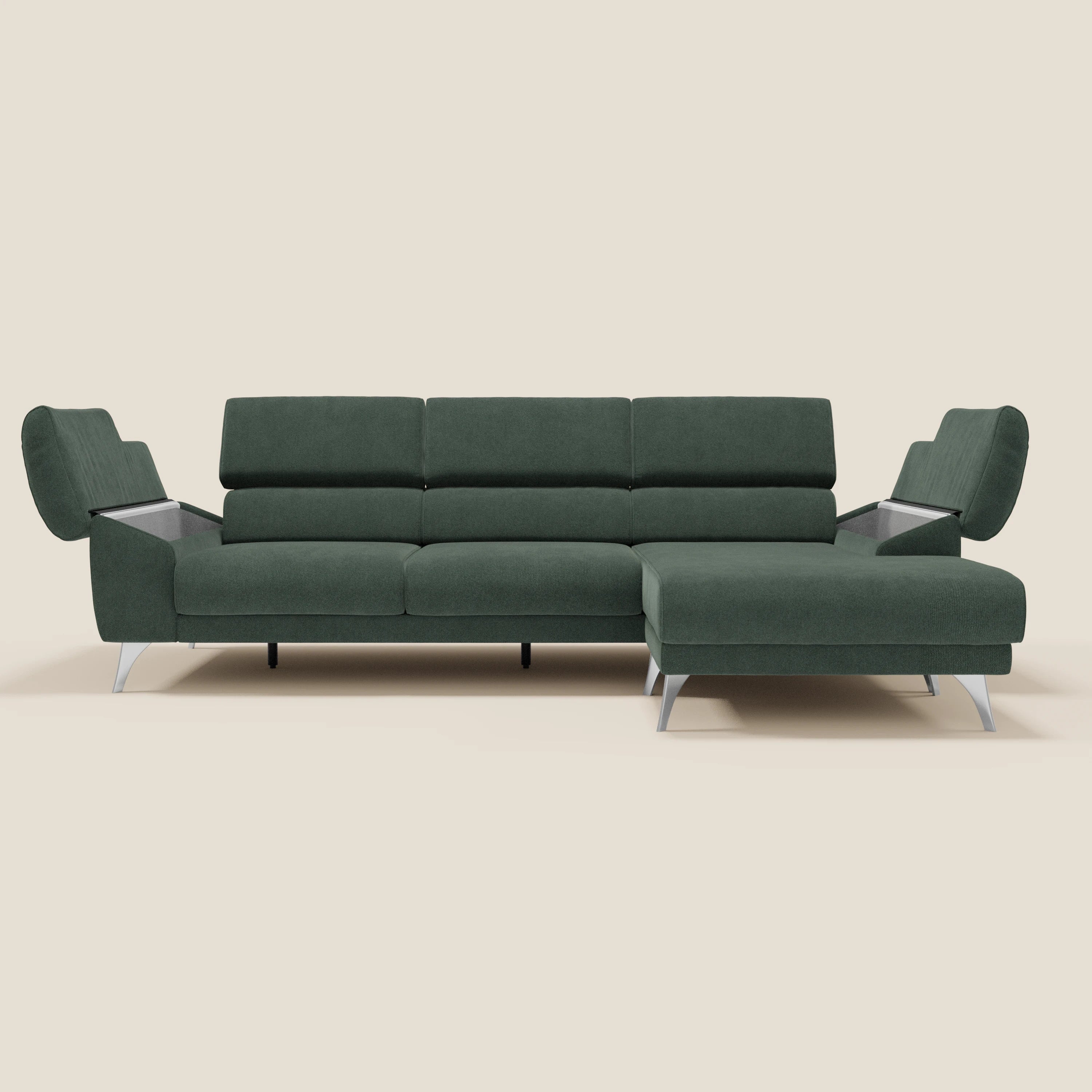 Donatello Ecksofa mit verschiebbaren Sitzen, Armlehnen mit Stauraum und Kopfstütze aus weichem, abwaschbarem Stoff T23 Grün