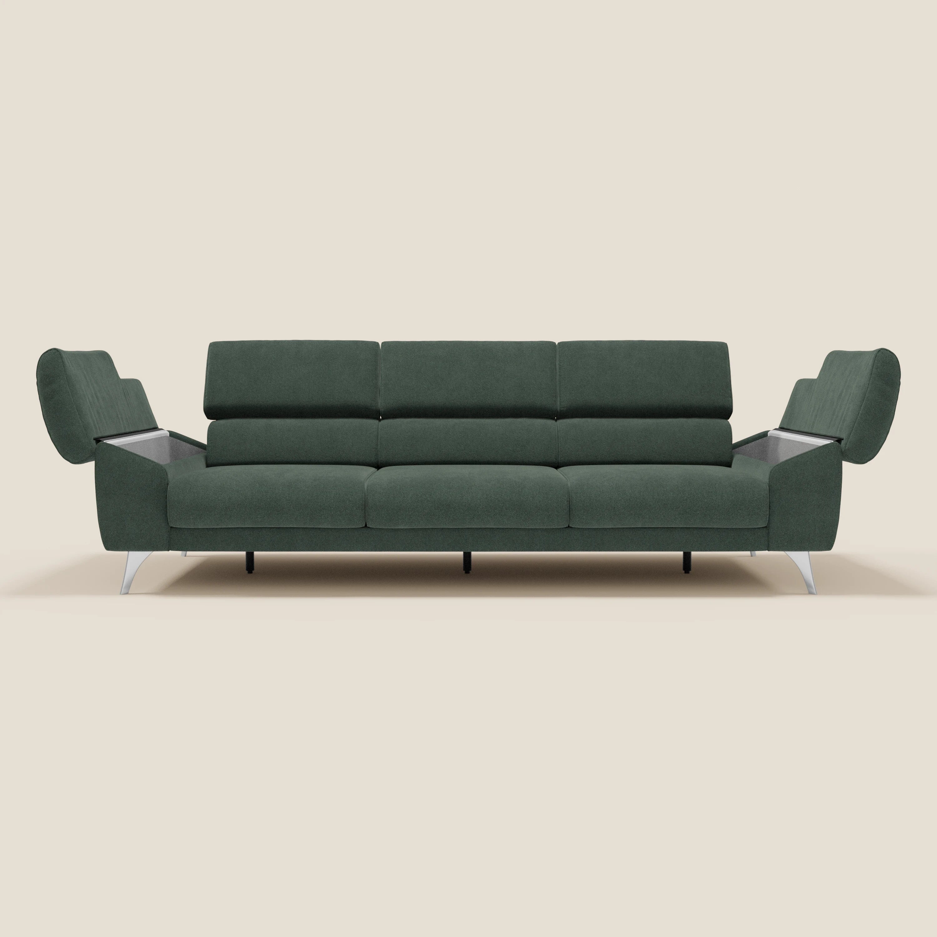 Donatello Sofa mit 3 ausziehbaren Sitzen, Armlehnen mit Staufach und verstellbaren Kopfstützen aus abwaschbarem Stoff T23 grün