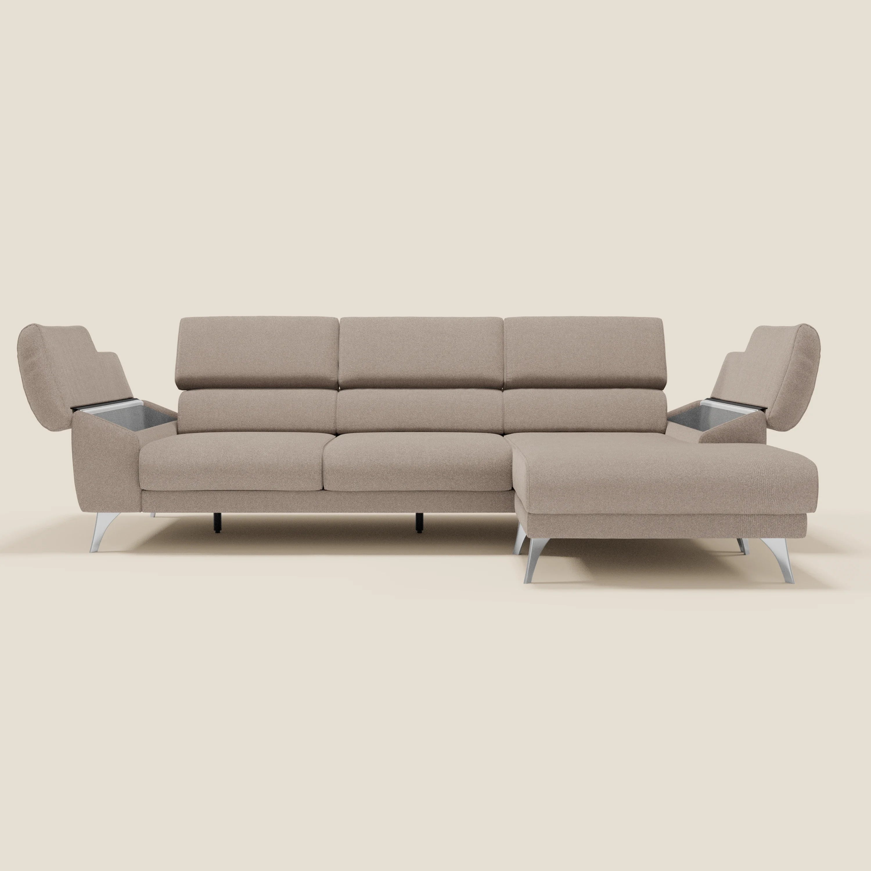 Donatello Ecksofa mit verschiebbaren Sitzen, Armlehnen mit Stauraum und Kopfstütze aus weichem, abwaschbarem Stoff T23 graubeige