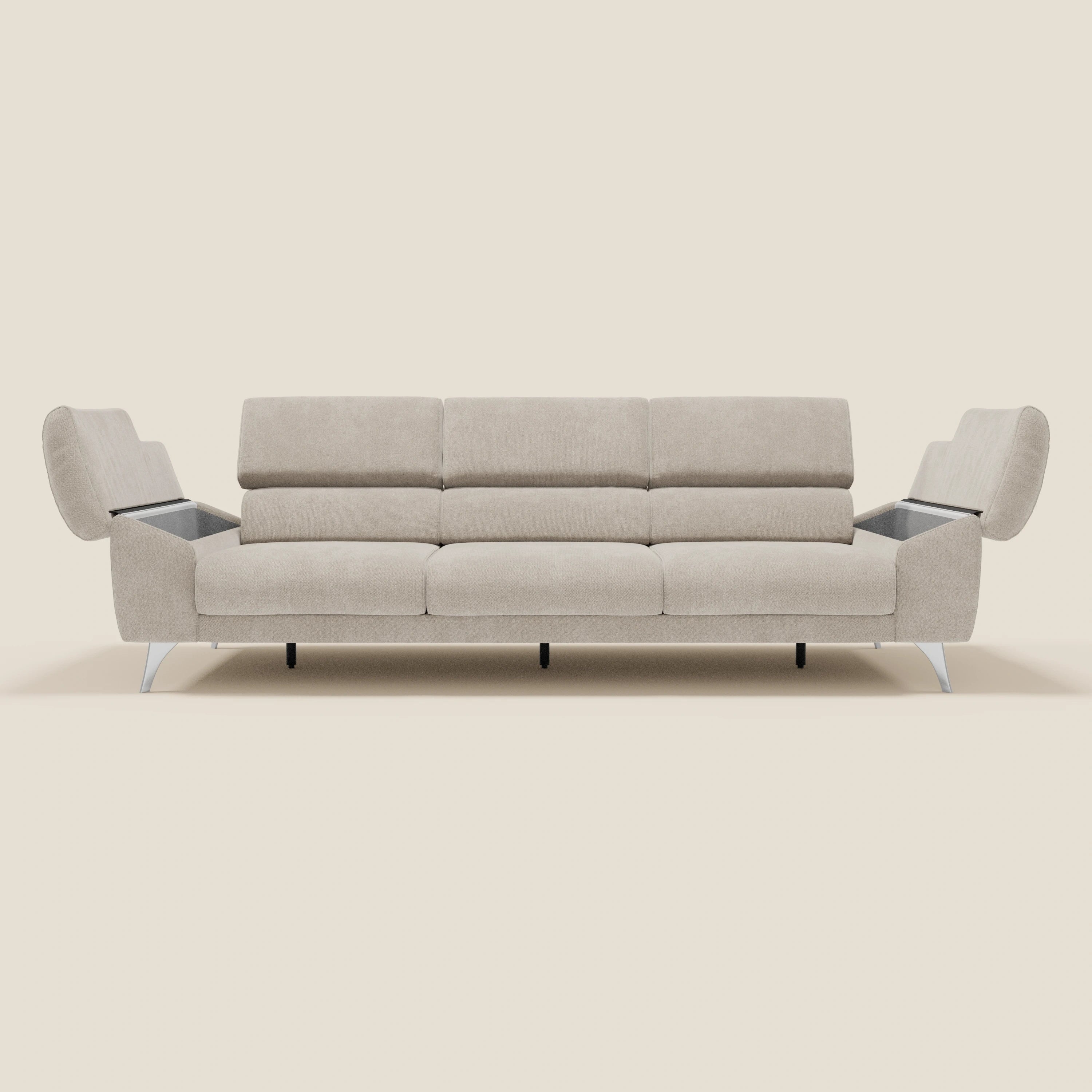 Donatello Sofa mit 3 ausziehbaren Sitzen, Armlehnen mit Staufach und verstellbaren Kopfstützen aus abwaschbarem Stoff T23 creme