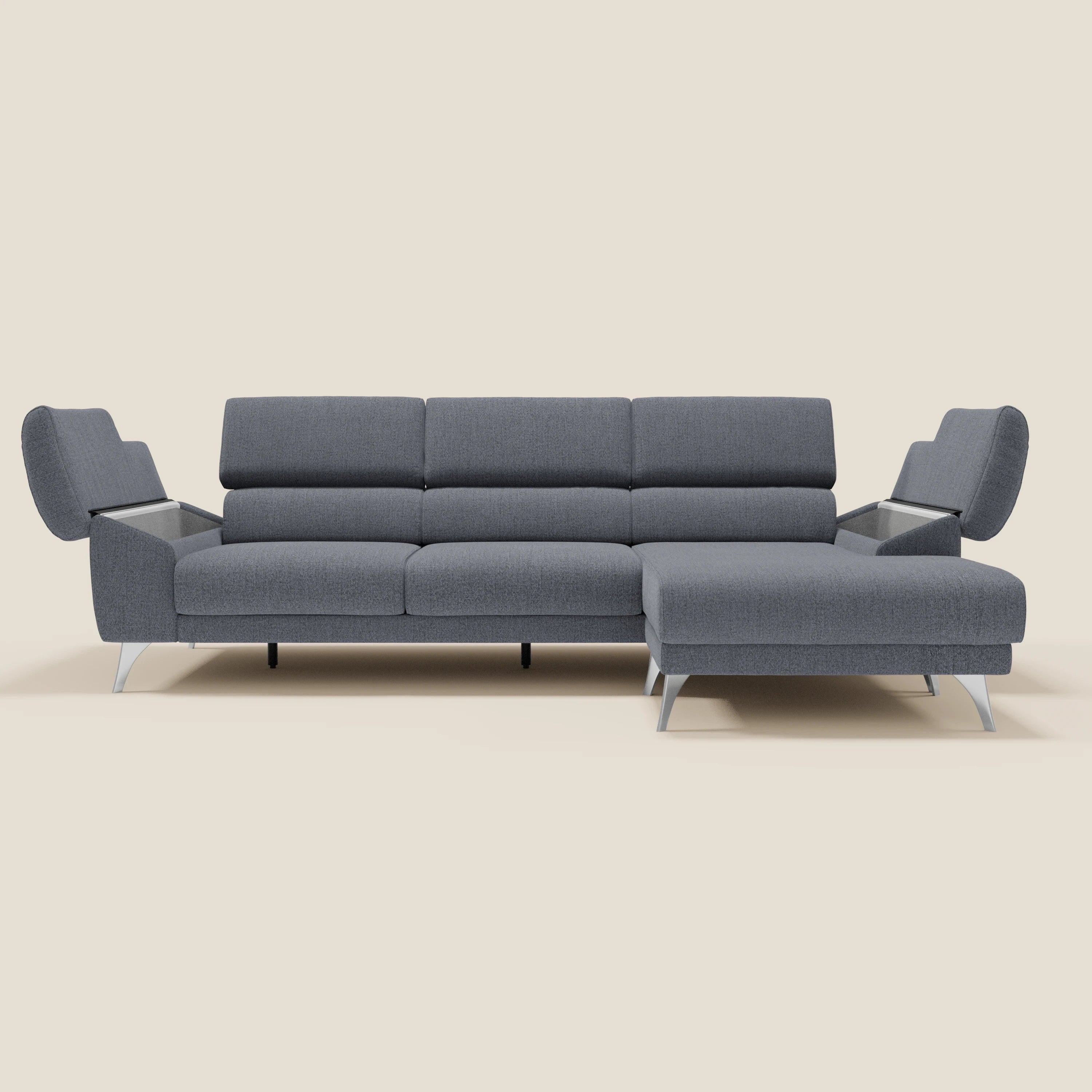 Donatello Ecksofa mit verschiebbaren Sitzen, Armlehnen mit Stauraum und Kopfstütze aus weichem, abwaschbarem Stoff T23 graphitblau