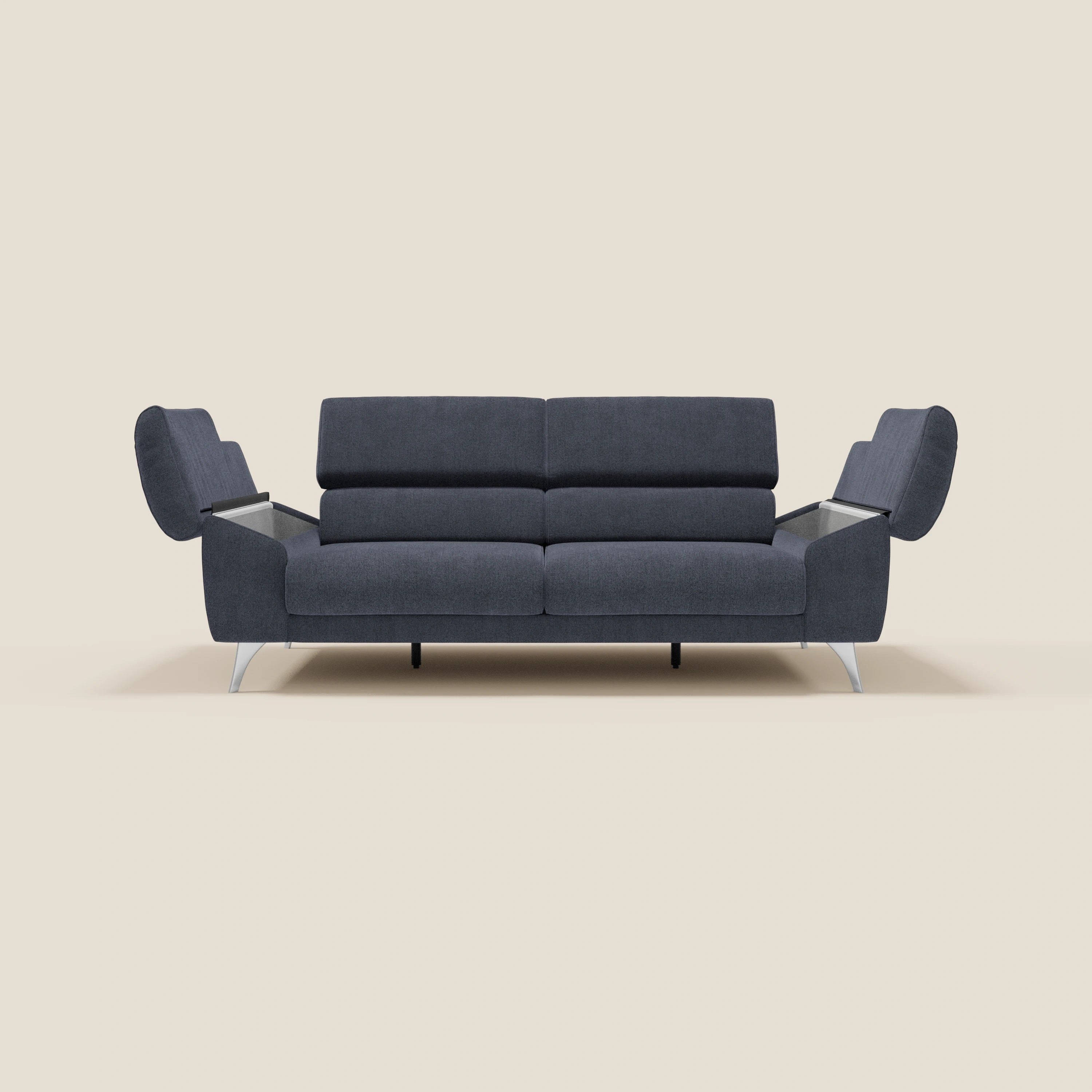 Donatello Sofa mit ausziehbaren Sitzen, Armlehnen mit Staufach und verstellbaren Kopfstützen aus abwaschbarem Stoff T23 Schieferblau