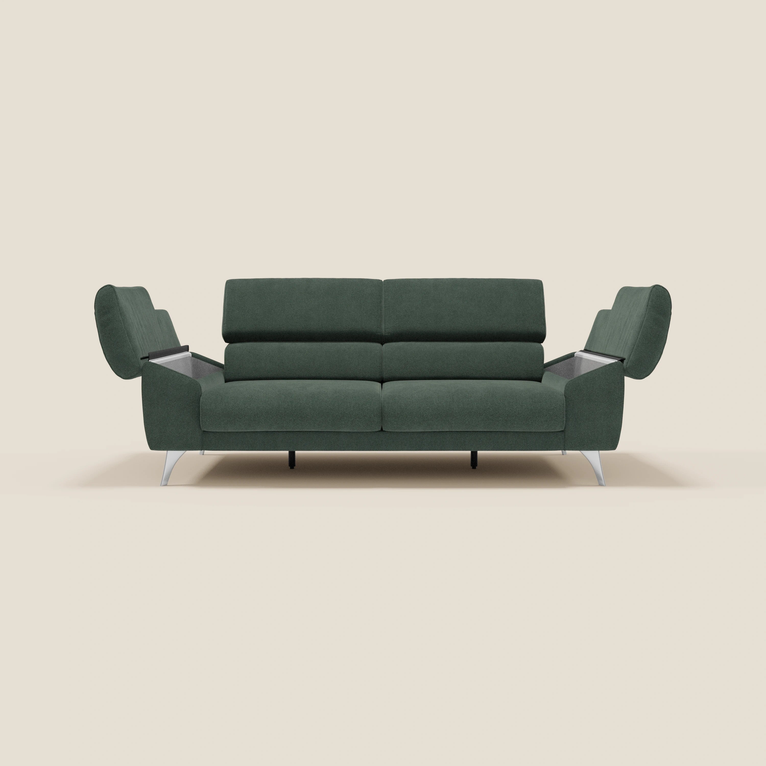 Donatello Sofa mit ausziehbaren Sitzen, Armlehnen mit Staufach und verstellbaren Kopfstützen aus abwaschbarem Stoff T23 Grün
