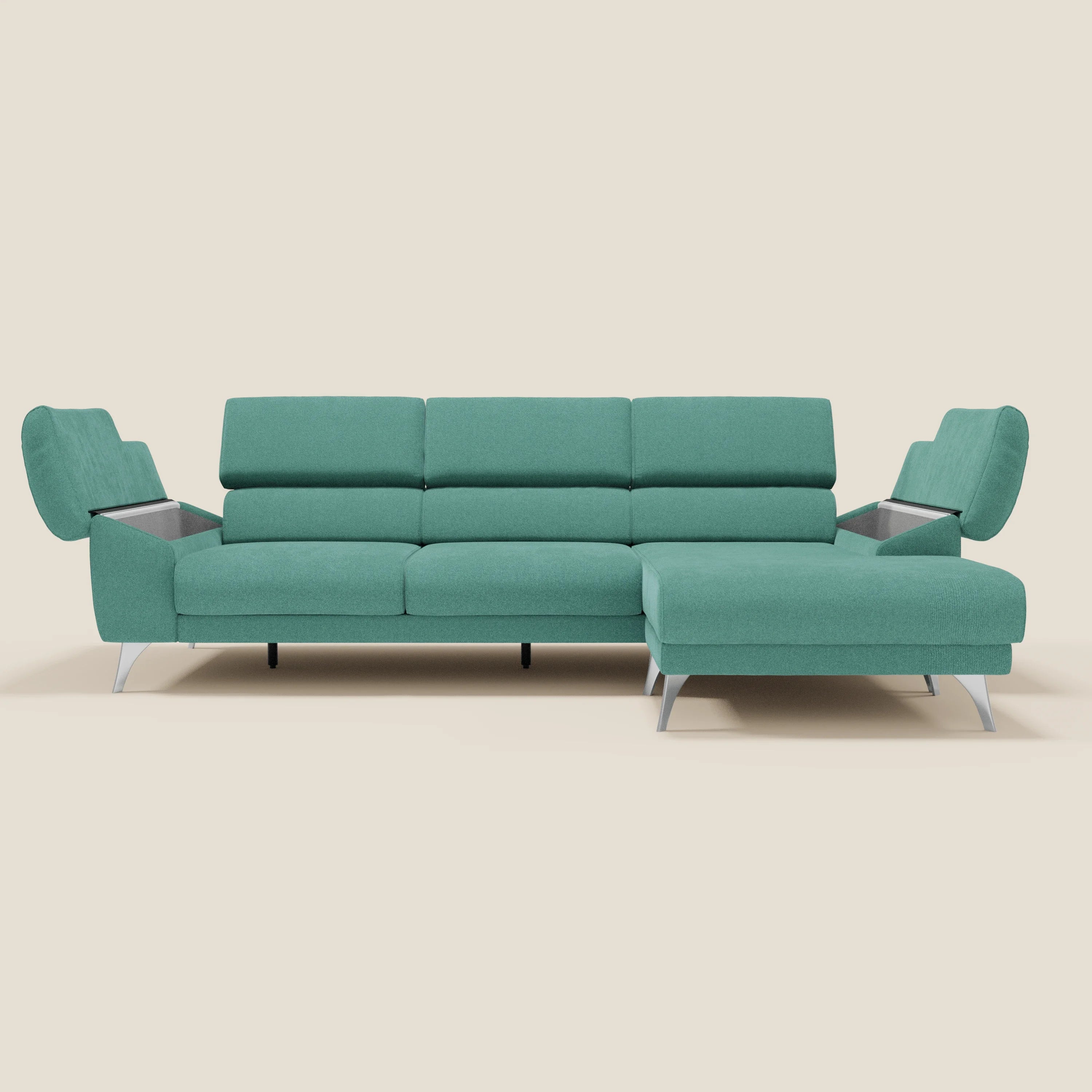 Donatello Ecksofa mit verschiebbaren Sitzen, Armlehnen mit Stauraum und Kopfstütze aus weichem, abwaschbarem Stoff T23 Aquamarin