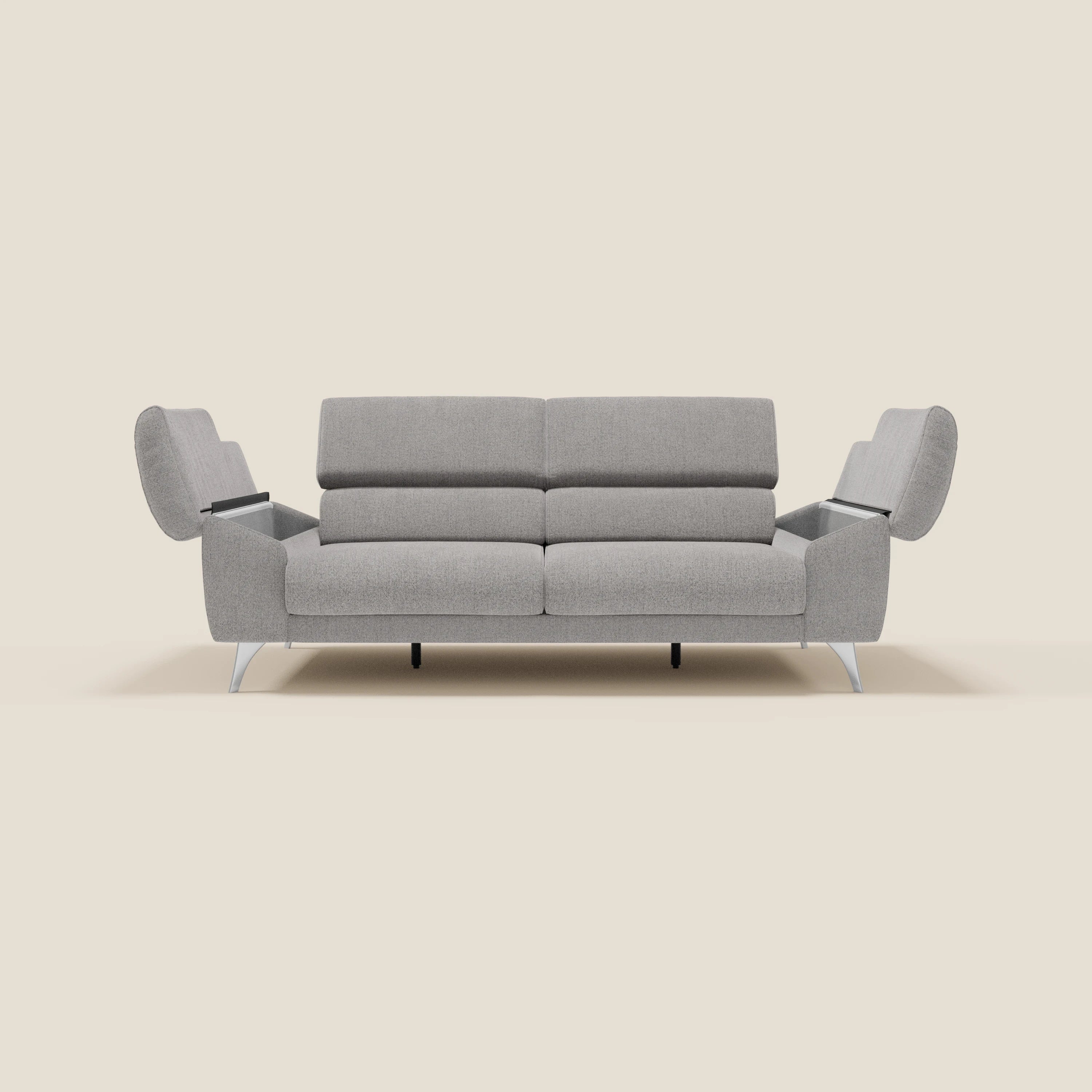 Donatello Sofa mit ausziehbaren Sitzen, Armlehnen mit Staufach und verstellbaren Kopfstützen aus abwaschbarem Stoff T23 Grau