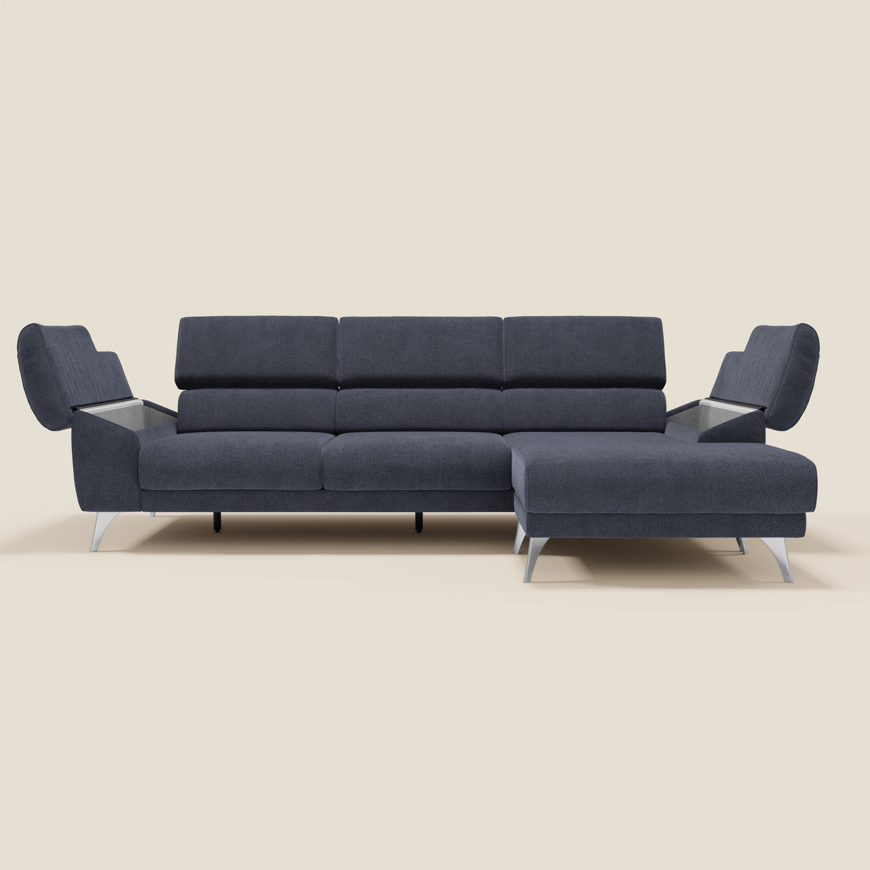 Donatello Ecksofa mit verschiebbaren Sitzen, Armlehnen mit Stauraum und Kopfstütze aus weichem, abwaschbarem Stoff T23 Schieferblau