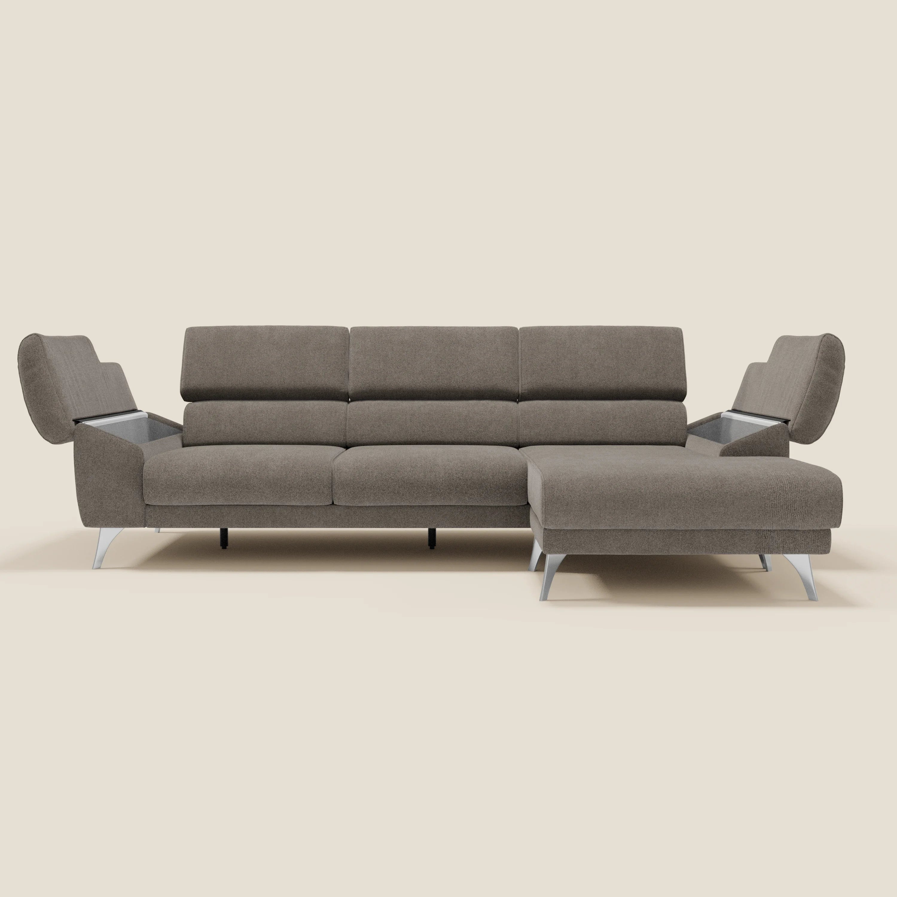 Donatello Ecksofa mit verschiebbaren Sitzen, Armlehnen mit Stauraum und Kopfstütze aus weichem, abwaschbarem Stoff T23 Taupe