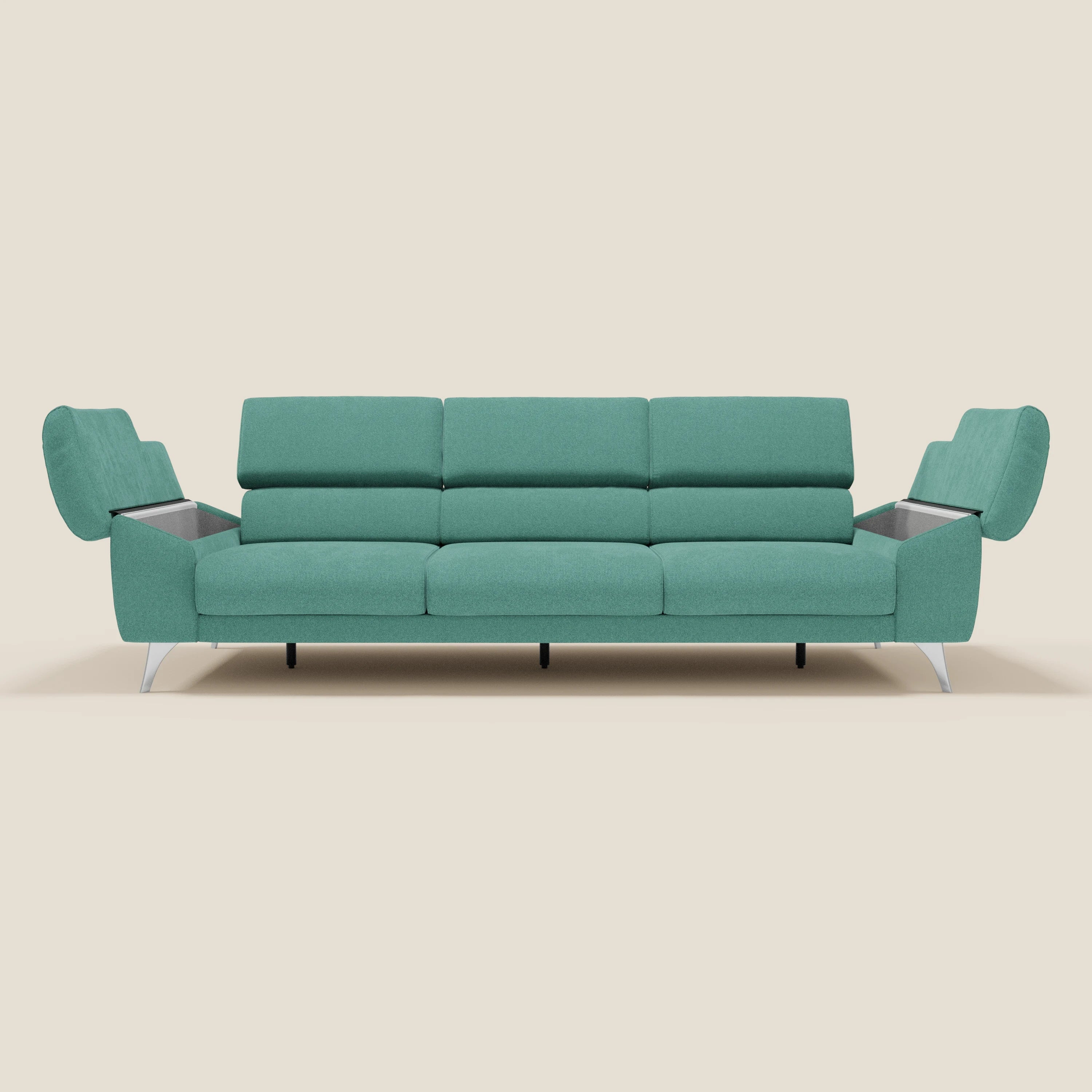 Donatello Sofa mit 3 ausziehbaren Sitzen, Armlehnen mit Staufach und verstellbaren Kopfstützen aus abwaschbarem Stoff T23 aquamarin