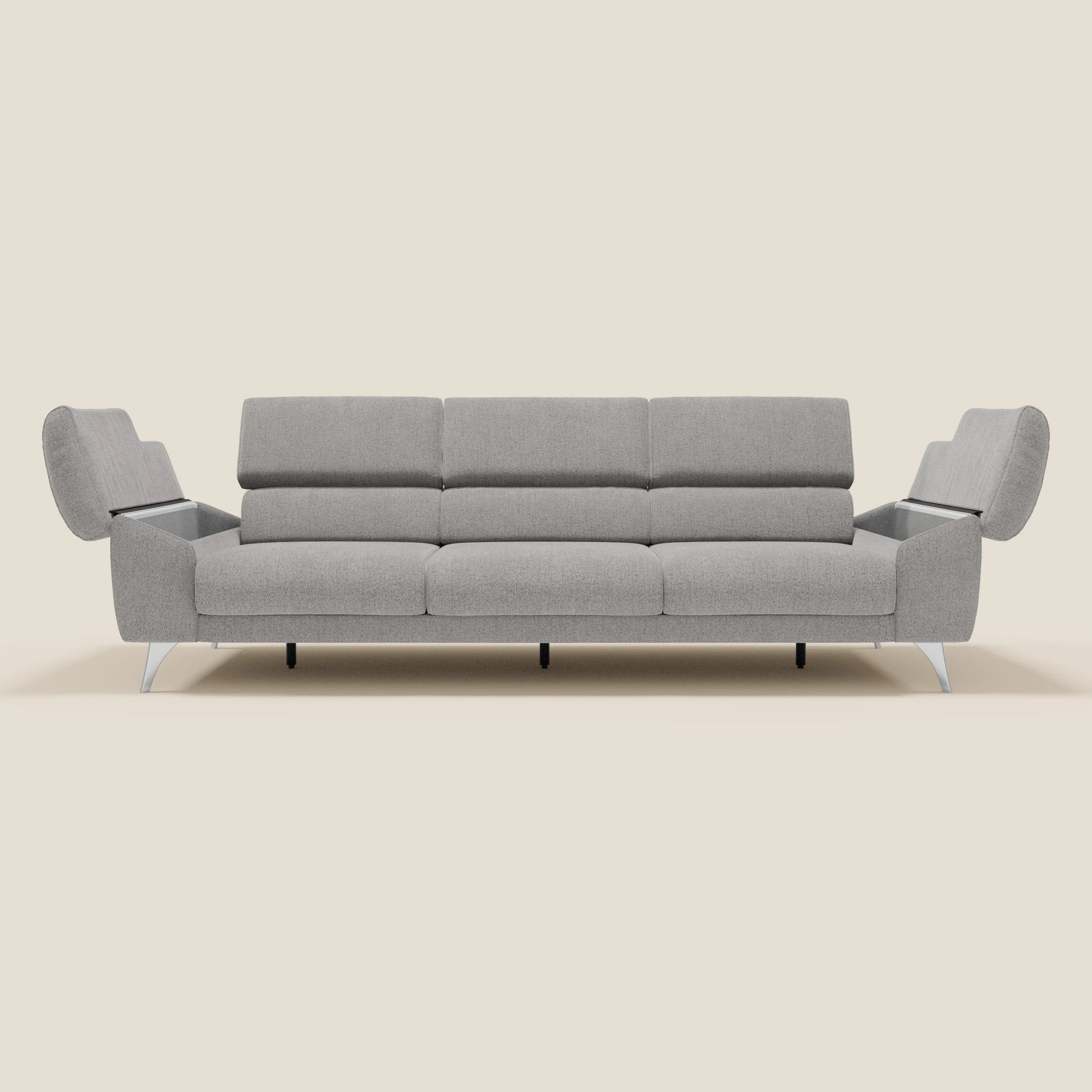 Donatello Sofa mit 3 ausziehbaren Sitzen, Armlehnen mit Staufach und verstellbaren Kopfstützen aus abwaschbarem Stoff T23 grau