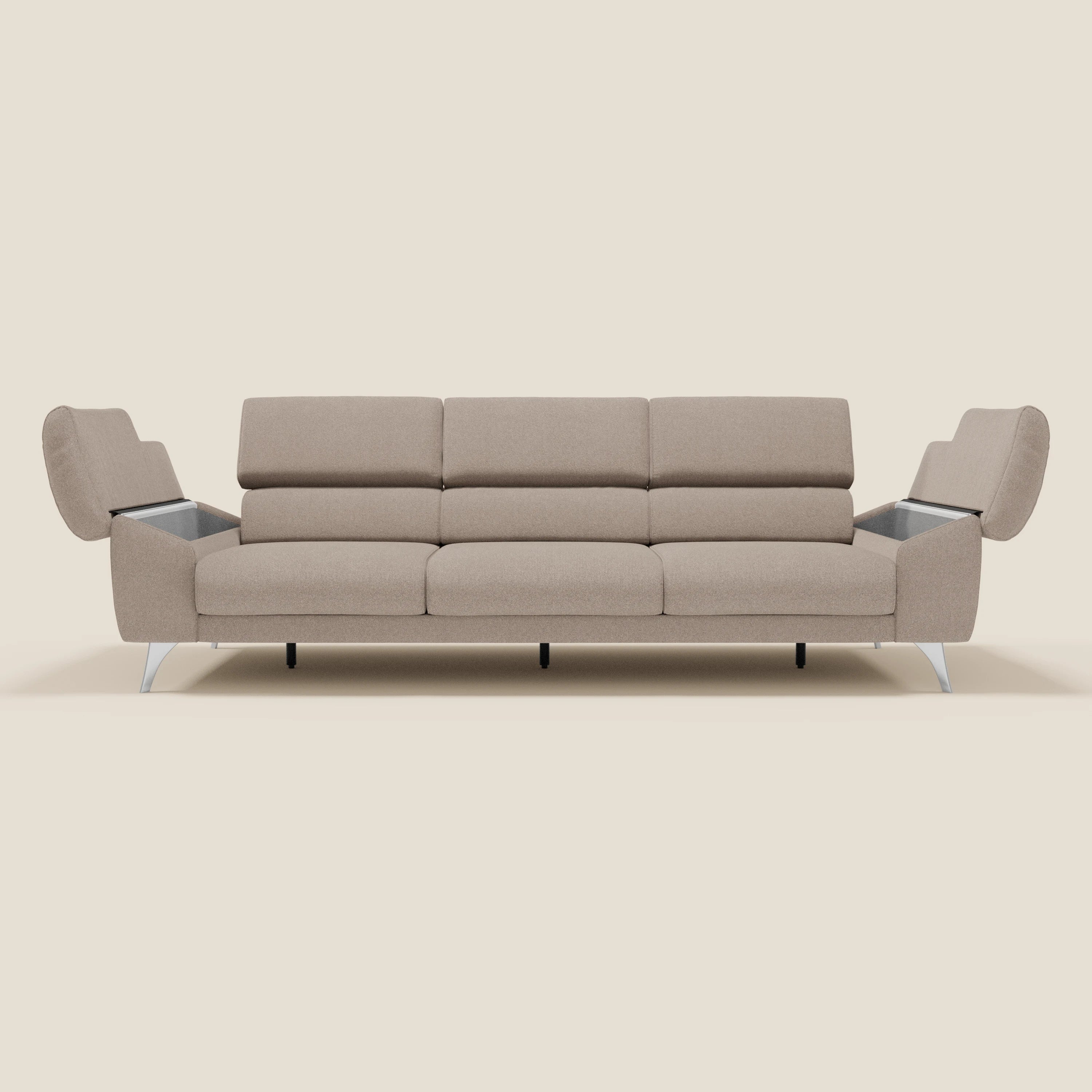 Donatello Sofa mit 3 ausziehbaren Sitzen, Armlehnen mit Staufach und verstellbaren Kopfstützen aus abwaschbarem Stoff T23 graubeige