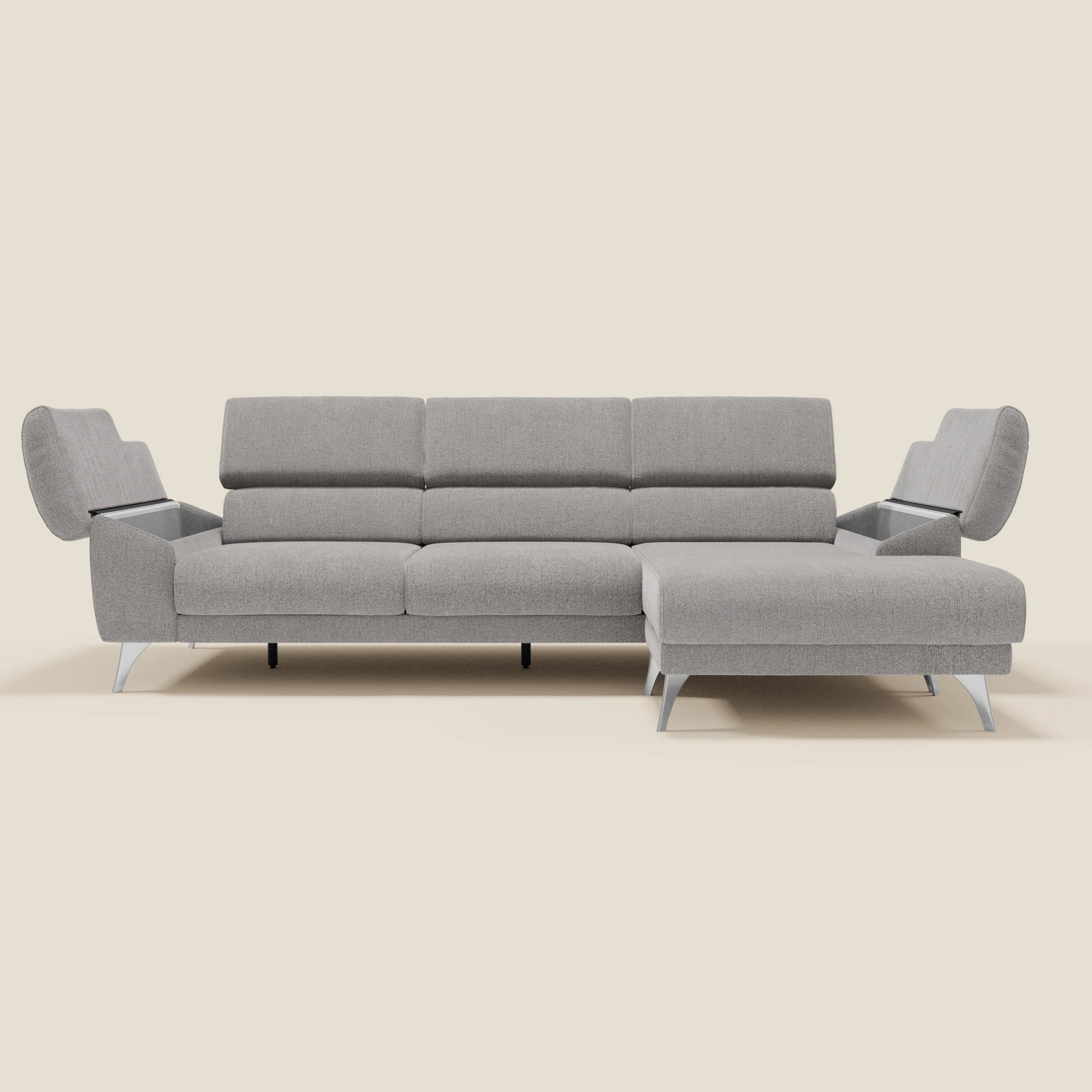 Donatello Ecksofa mit verschiebbaren Sitzen, Armlehnen mit Stauraum und Kopfstütze aus weichem, abwaschbarem Stoff T23 grau