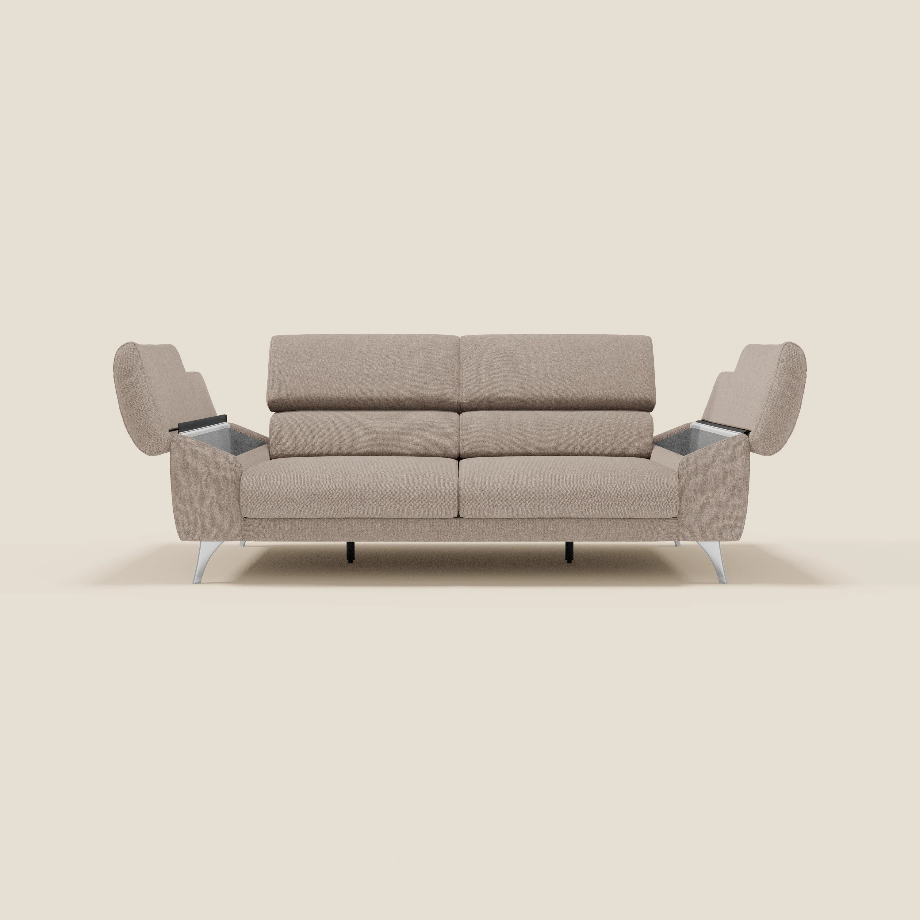 Donatello Sofa mit ausziehbaren Sitzen, Armlehnen mit Staufach und verstellbaren Kopfstützen aus abwaschbarem Stoff T23 graubeige