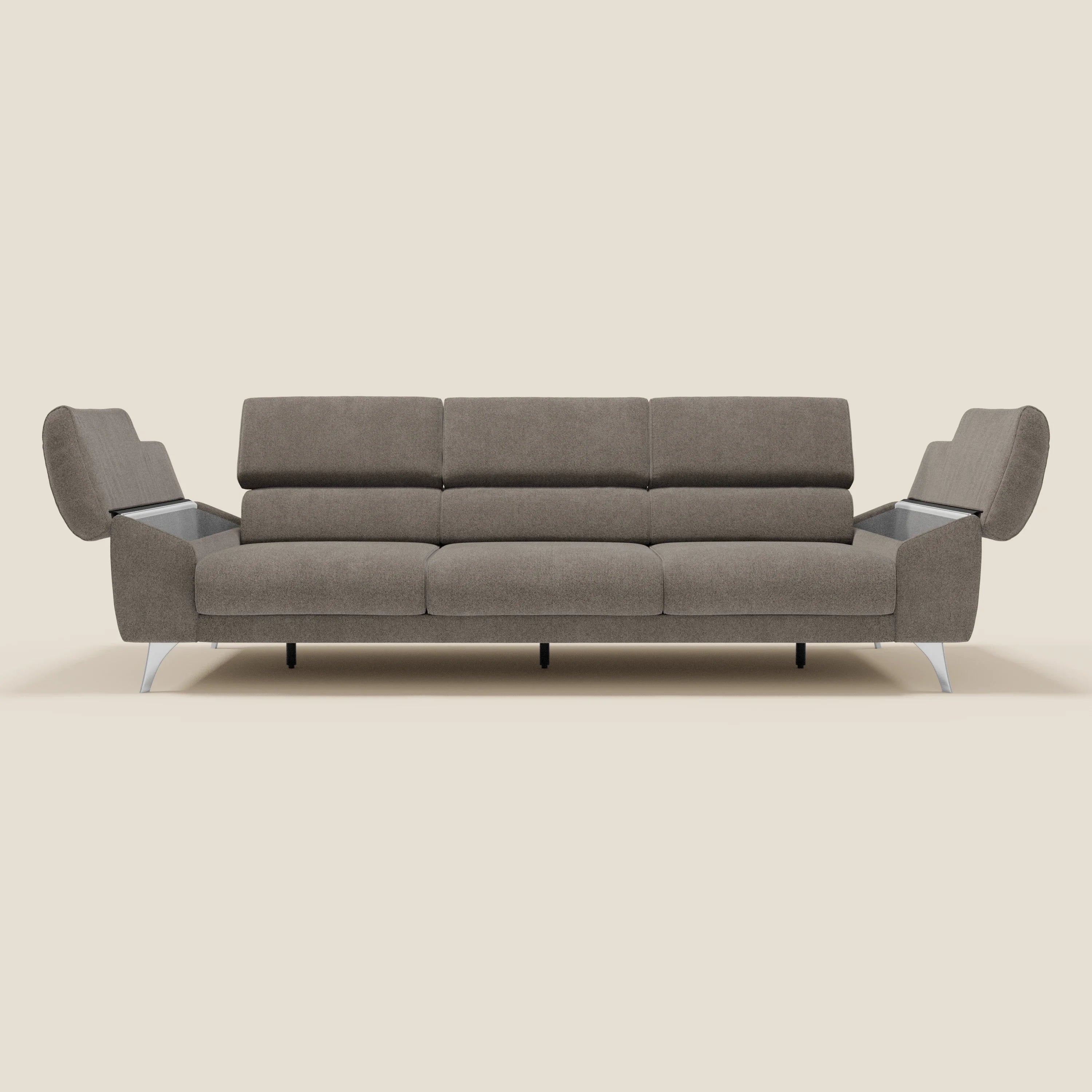 Donatello Sofa mit 3 ausziehbaren Sitzen, Armlehnen mit Staufach und verstellbaren Kopfstützen aus abwaschbarem Stoff T23 taupe