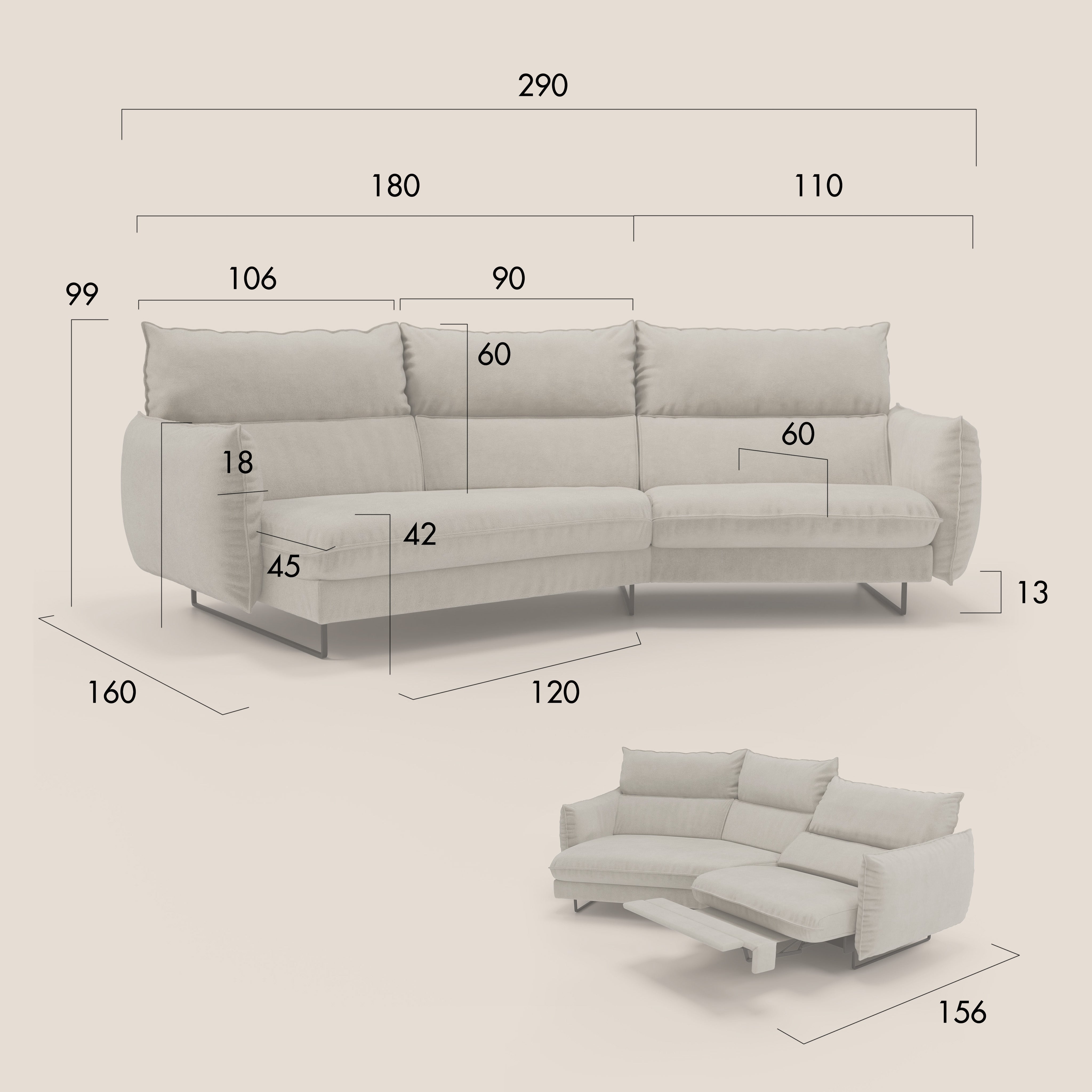 Monamour divano moderno angolare con opzione relax elettrico in microfibra smacchiabile impermeabile T11 panna - divani.store