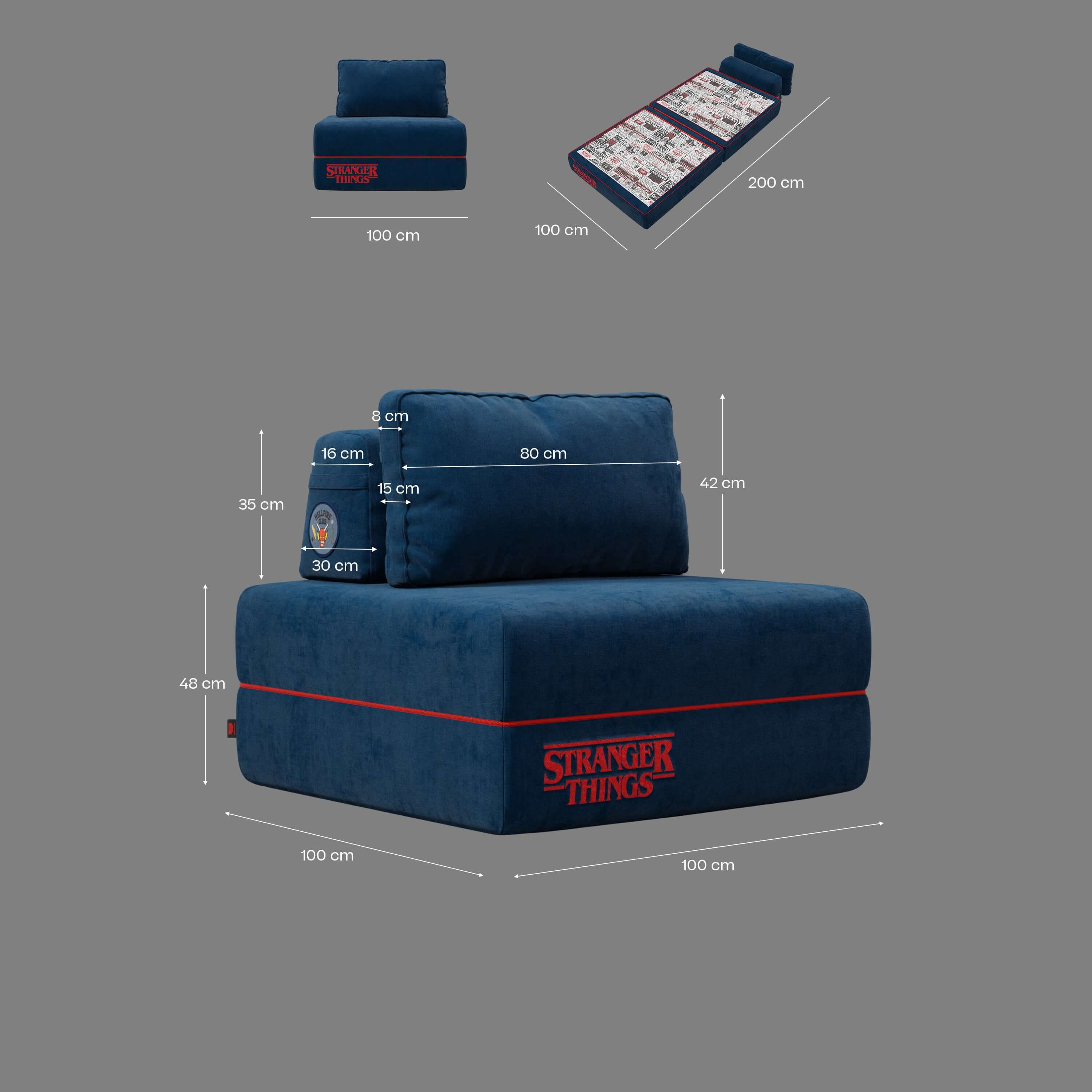 Rift poltrona letto STRANGER THINGS Edition con materasso alto 22 cm e memory foam - tessuto smacchiabile blu