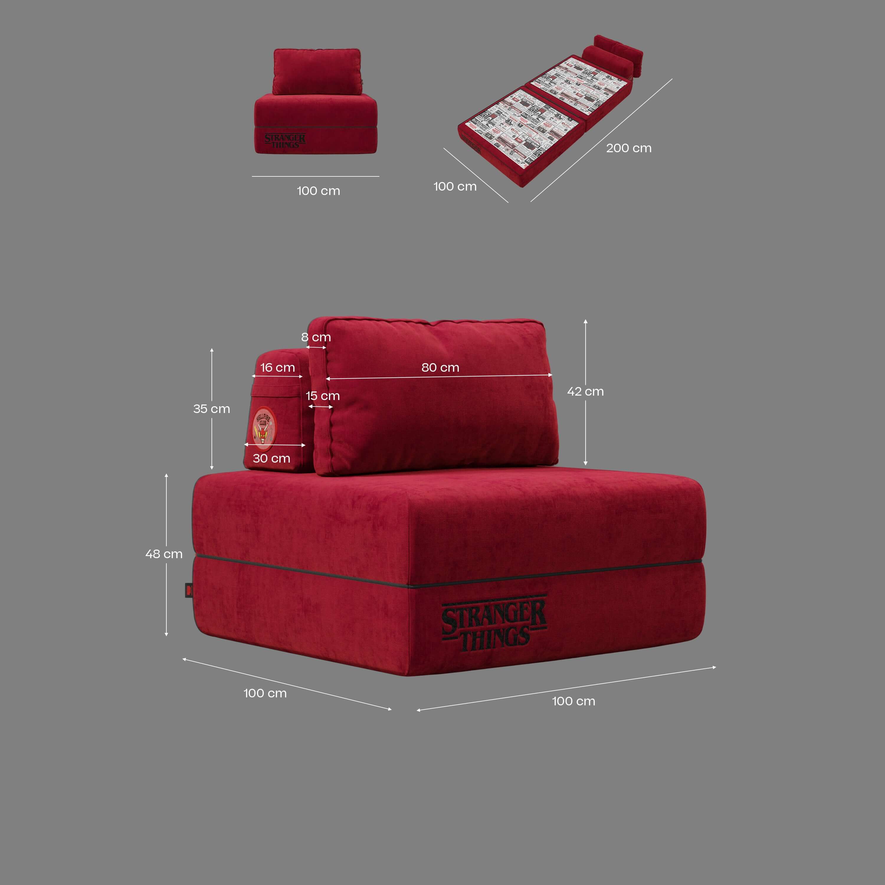 Rift poltrona letto STRANGER THINGS Edition con materasso alto 22 cm e memory foam - tessuto smacchiabile rosso