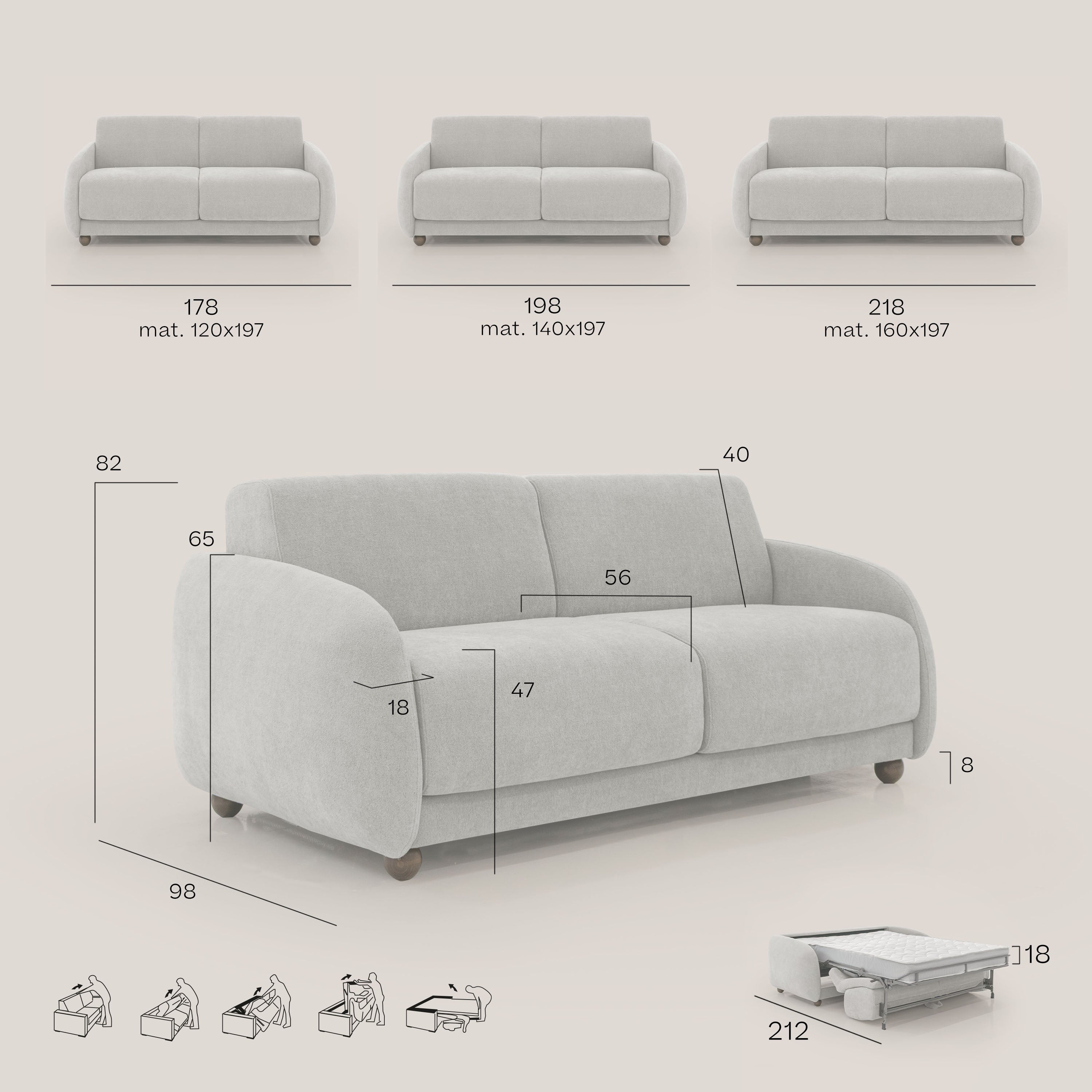 Giglio divano letto scandinavo japandi con materasso H18 cm in tessuto Bouclé impermeabile T07 beige - divani.store