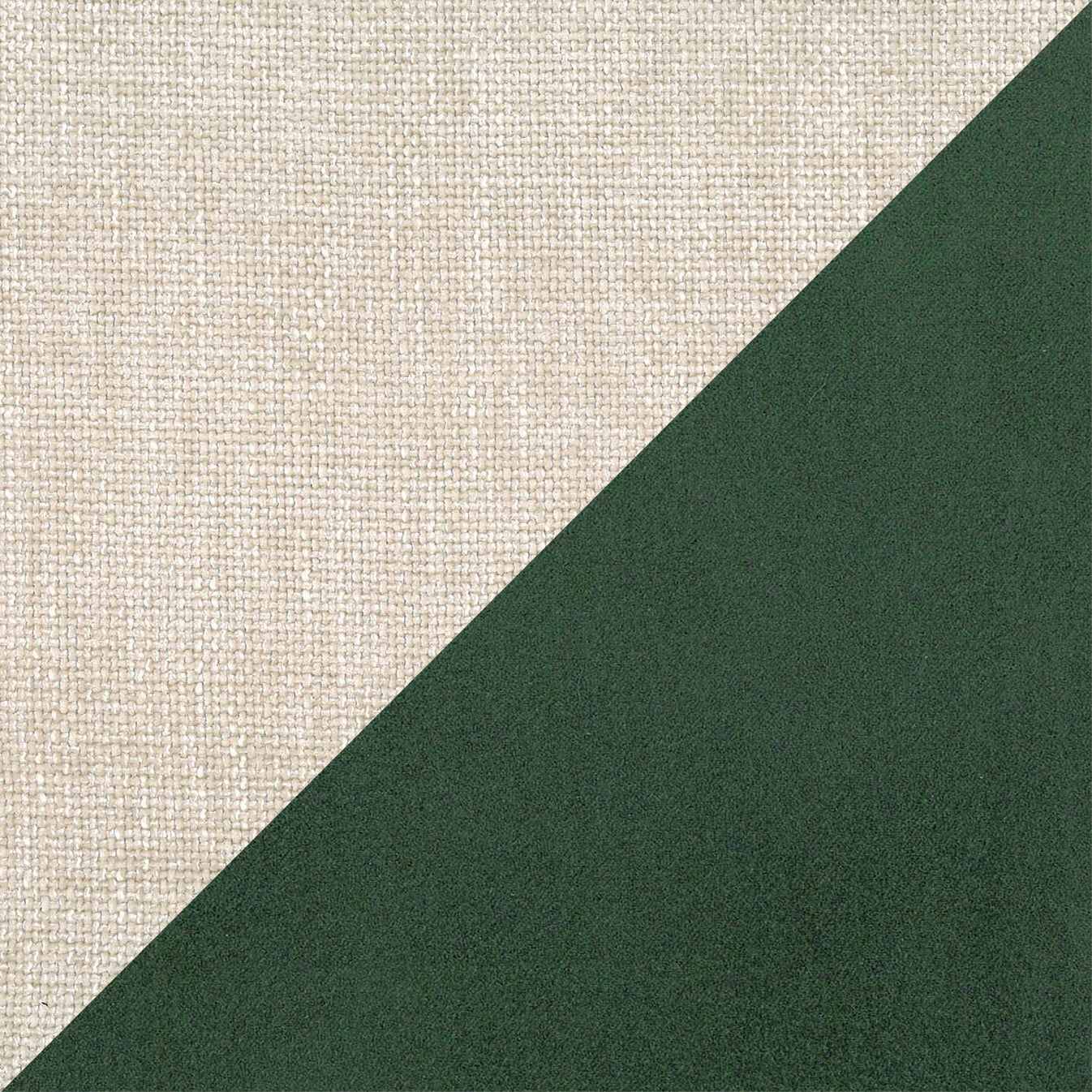 Il letto di design Petra di Letti.store è caratterizzato da un tessuto bicolore impermeabile (T11 verde, T06 panna) diviso in diagonale: la parte superiore sinistra in beige grezzo e quella inferiore destra in verde scuro liscio, unite da una linea netta. Include cuscini in piuma e piedi in mogano.