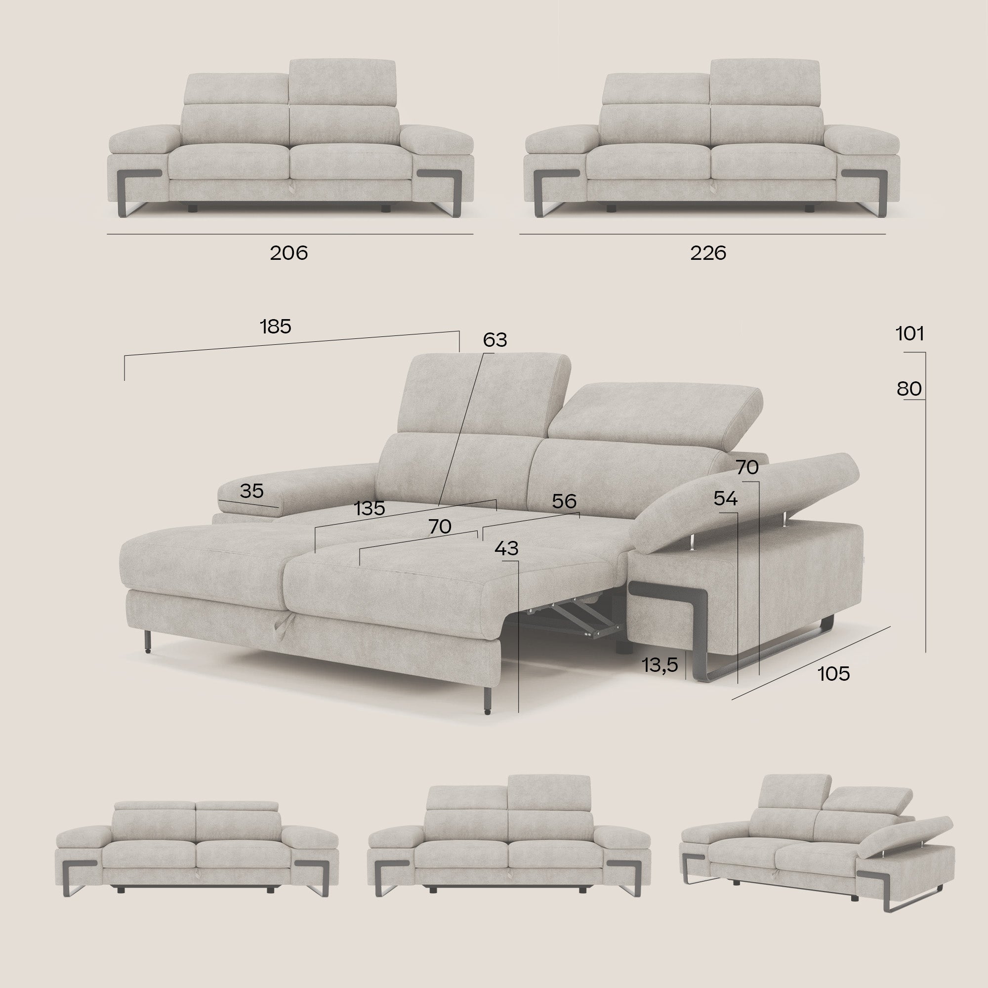 Zayana Canapé 3 places avec élément extractible - accoudoirs et têtières réglables en tissu imperméable T02 bleu ciel