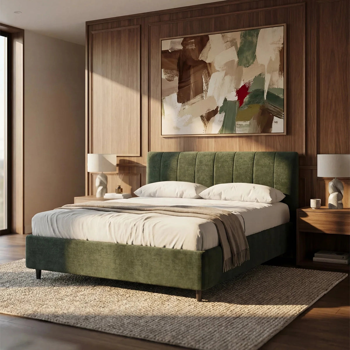 Una camera da letto moderna con un letto imbottito verde, biancheria da letto bianca, un copriletto beige, due comodini con lampade bianche, un tappeto dalla trama particolare, pareti rivestite in legno e un quadro astratto sopra il letto.
