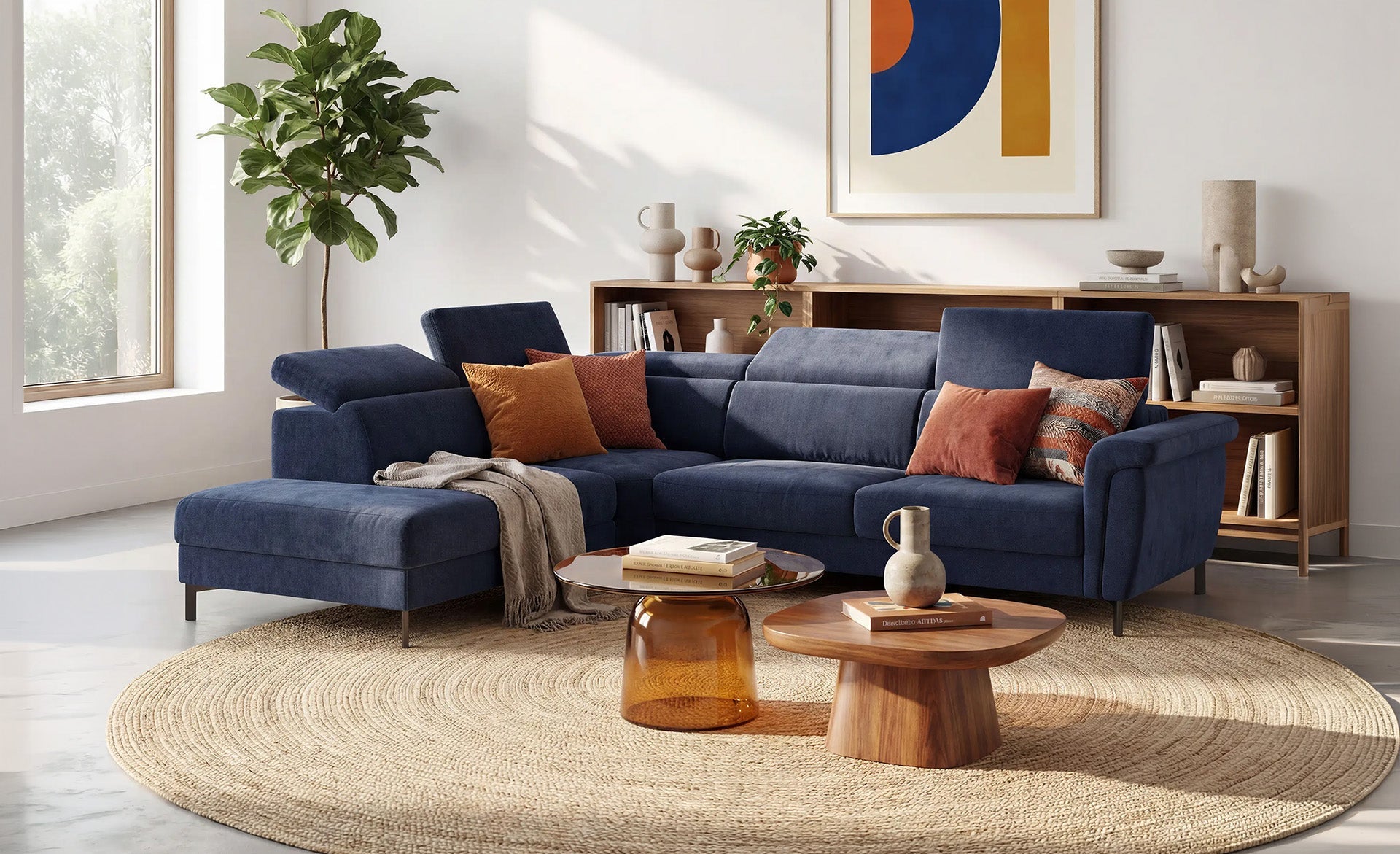 Un soggiorno moderno con un divano componibile blu, cuscini beige e ruggine, tavoli in legno, un tappeto rotondo di iuta, una libreria, una pianta in vaso e un'arte astratta su una parete bianca illuminata dalla luce del sole.