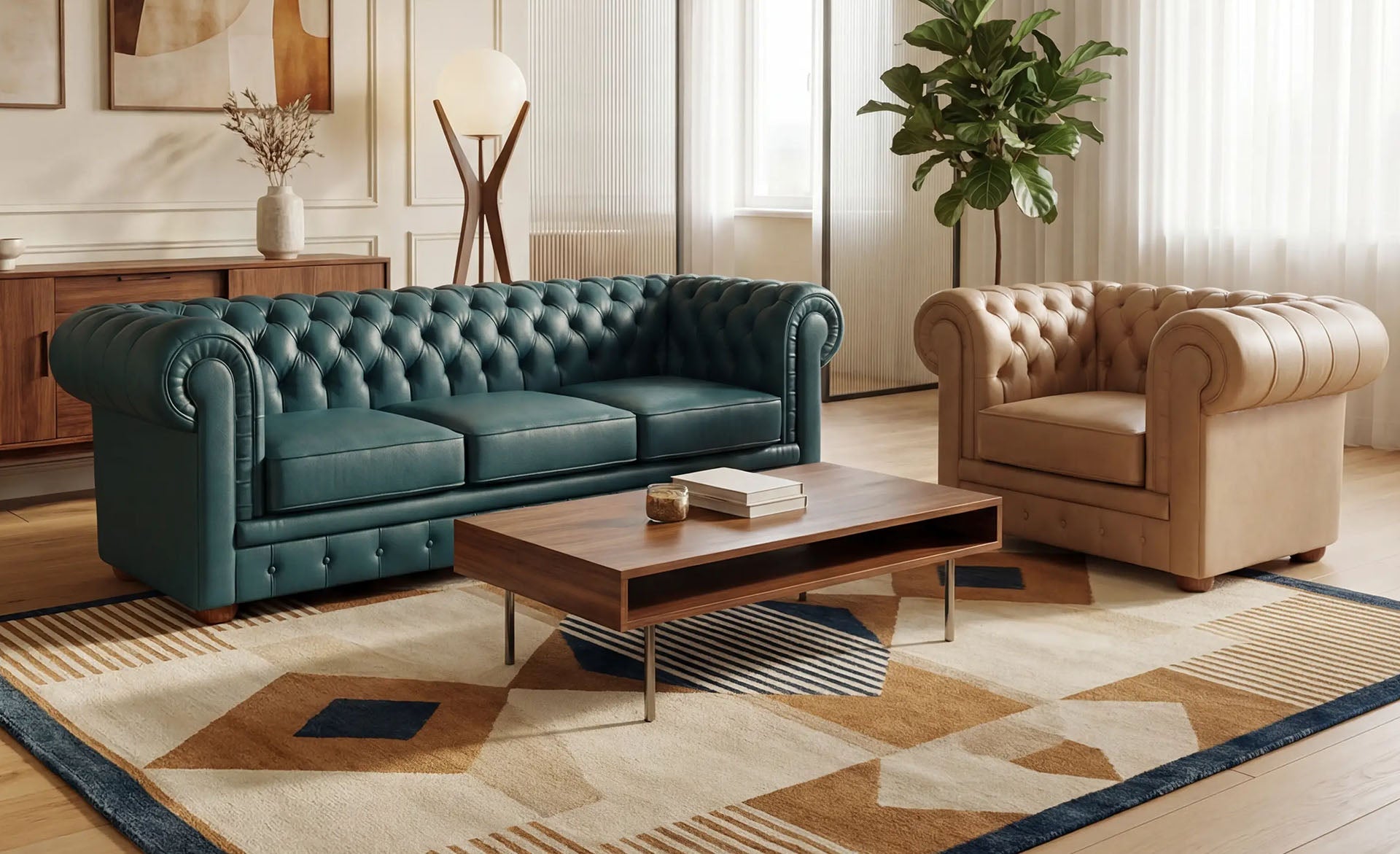 Un soggiorno moderno con un divano in pelle marrone, una poltrona beige, opere d'arte geometrica, una pianta alta, una lampada rotonda, un lampadario dorato e un tavolino da caffè su un tappeto a motivi vicino a una finestra con tende trasparenti.