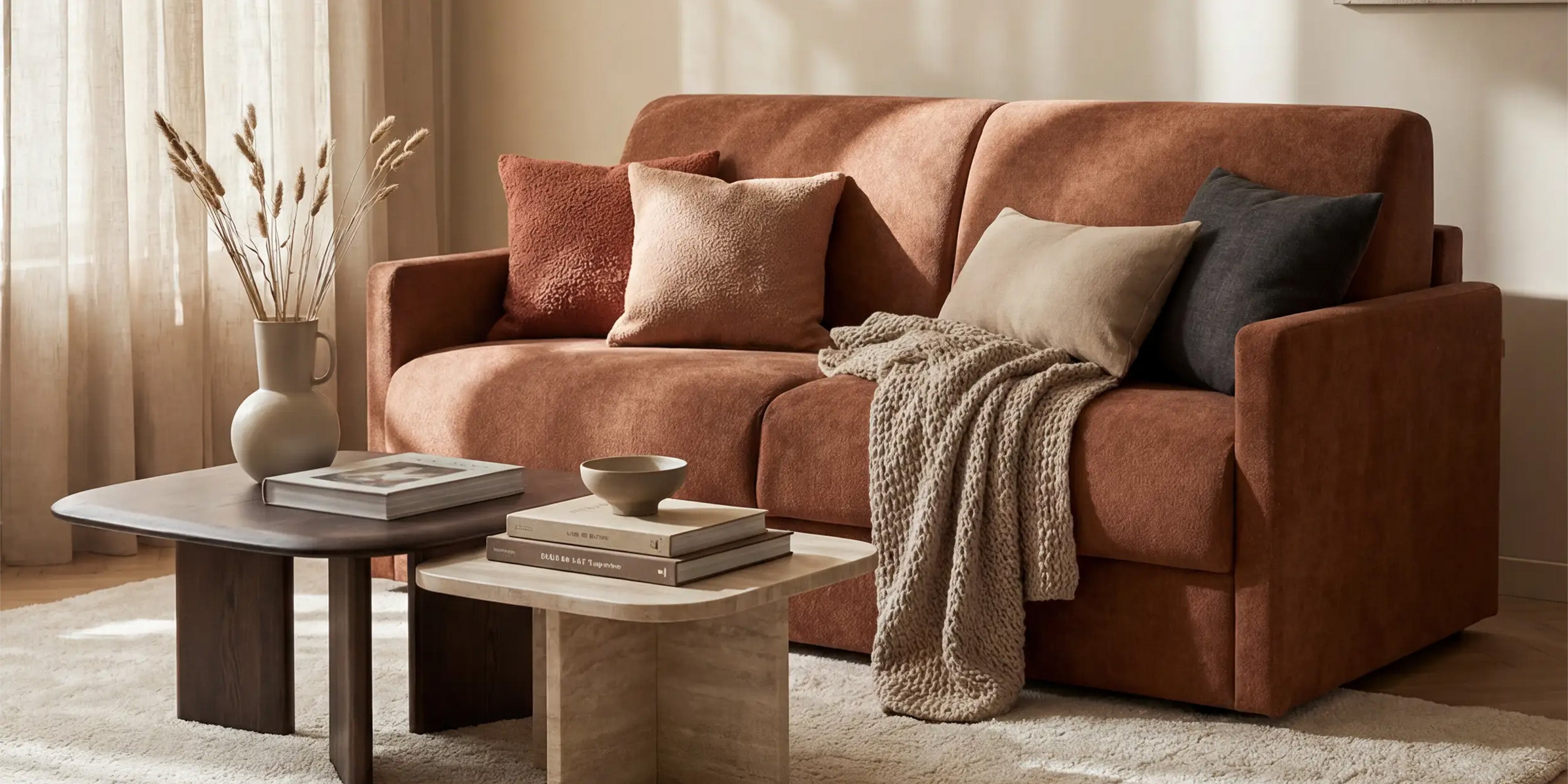 Un accogliente soggiorno con un divano marrone, cuscini assortiti, una coperta beige, due tavolini da caffè con decorazioni, un tappeto strutturato, tende alte e un'opera d'arte astratta neutra. L'ambiente è illuminato da una calda luce naturale.