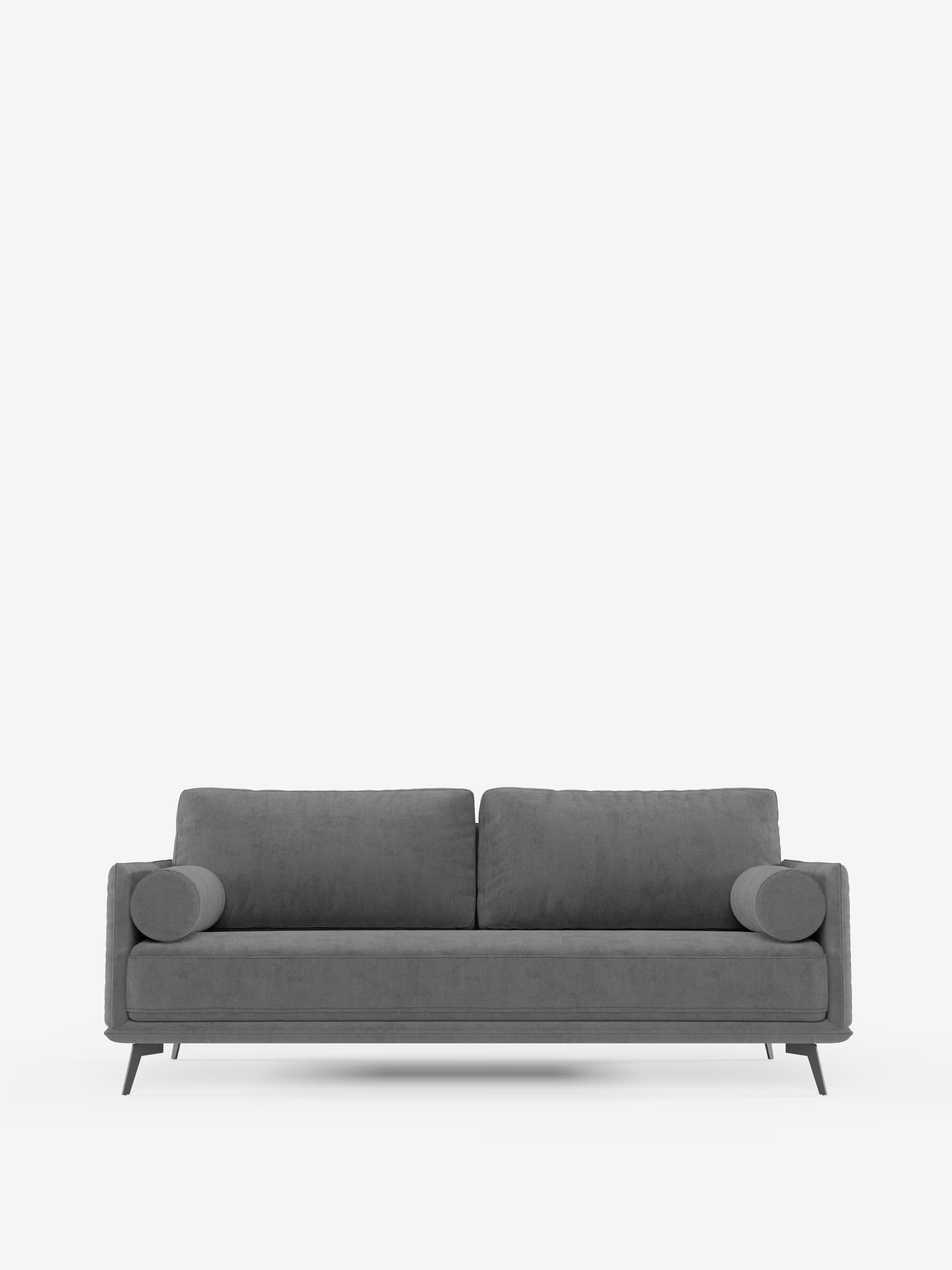Vi presentiamo il divano lineare Basalto di Divani.Store: un divano contemporaneo in tessuto grigio con rivestimento smacchiabile T31, un unico cuscino di seduta, due cuscini dello schienale e due cuscini cilindrici per i braccioli. Il divano poggia su una robusta base in metallo con gambe sottili, angolate e di colore scuro, e vanta un design minimalista. Si abbina perfettamente a uno sfondo bianco a tinta unita.