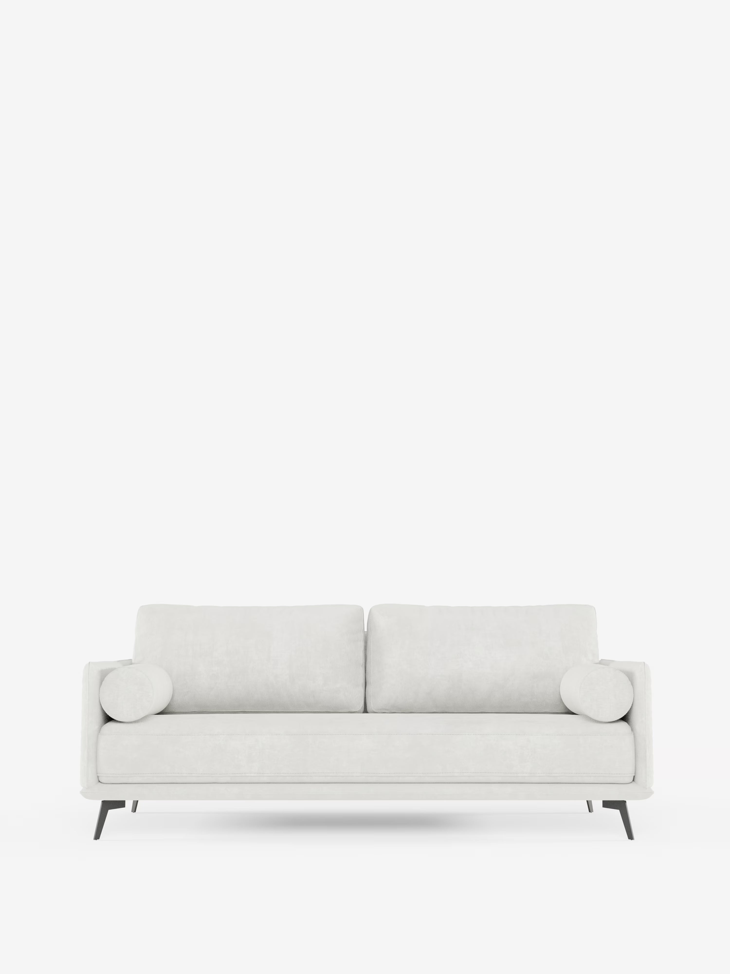 Vi presentiamo il divano lineare Basalto di Divani.Store: un divano moderno, di colore grigio chiaro, con un unico cuscino di seduta, due cuscini dello schienale e due cuscini cilindrici. Il suo design minimalista presenta una silhouette pulita, sostenuta da sottili gambe angolate in metallo nero. Realizzato con una resistente base in metallo e rivestito in tessuto T31 facile da pulire, questo elegante complemento d’arredo offre stile e stabilità in qualsiasi ambiente.