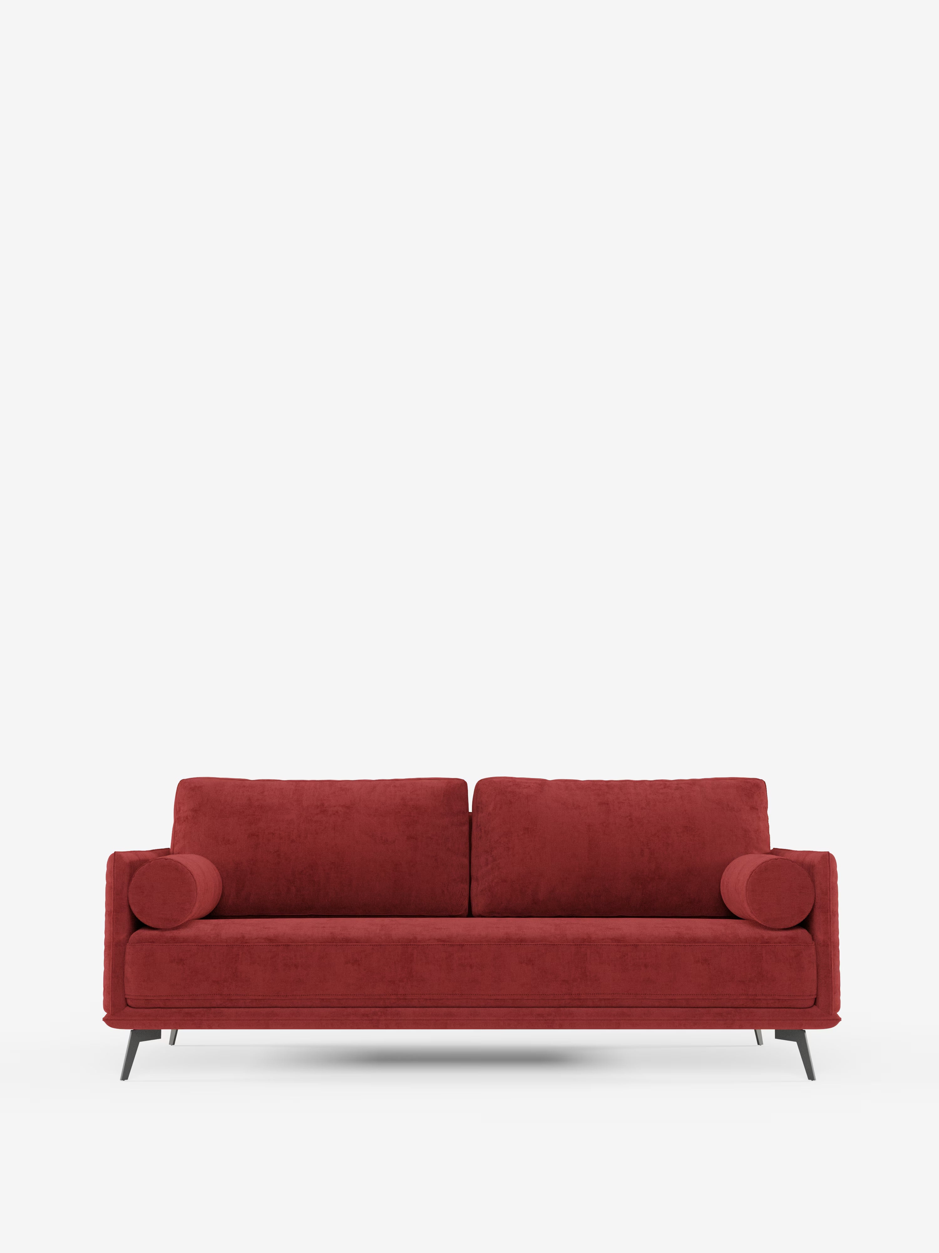 Un "Basalto Divano lineare 2 posti" rosso in stile contemporaneo di Divani.Store, caratterizzato da un unico cuscino di seduta in tessuto smacchiabile T31, una base sottile in metallo nero e braccioli squadrati dalle linee pulite, è esposto su uno sfondo bianco a tinta unita.