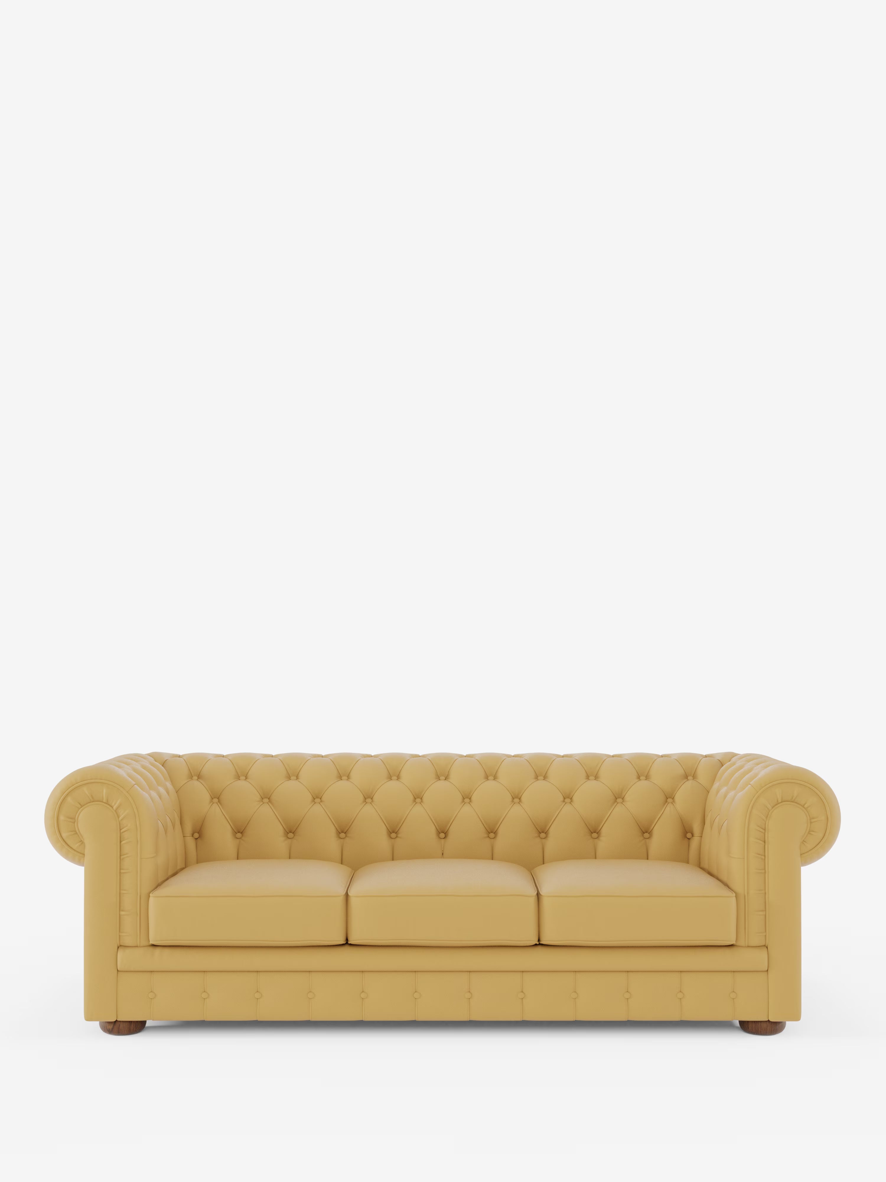 Il divano Chester a 4 posti con 3 sedute in vera pelle – Chesterfield capitonné artigianale di Divani.Store, caratterizzato da un design in pelle capitonné color senape con tre cuscini di seduta, braccioli arrotondati e gambe in legno, è esposto su uno sfondo bianco a tinta unita per mettere in risalto la sua elegante lavorazione artigianale.