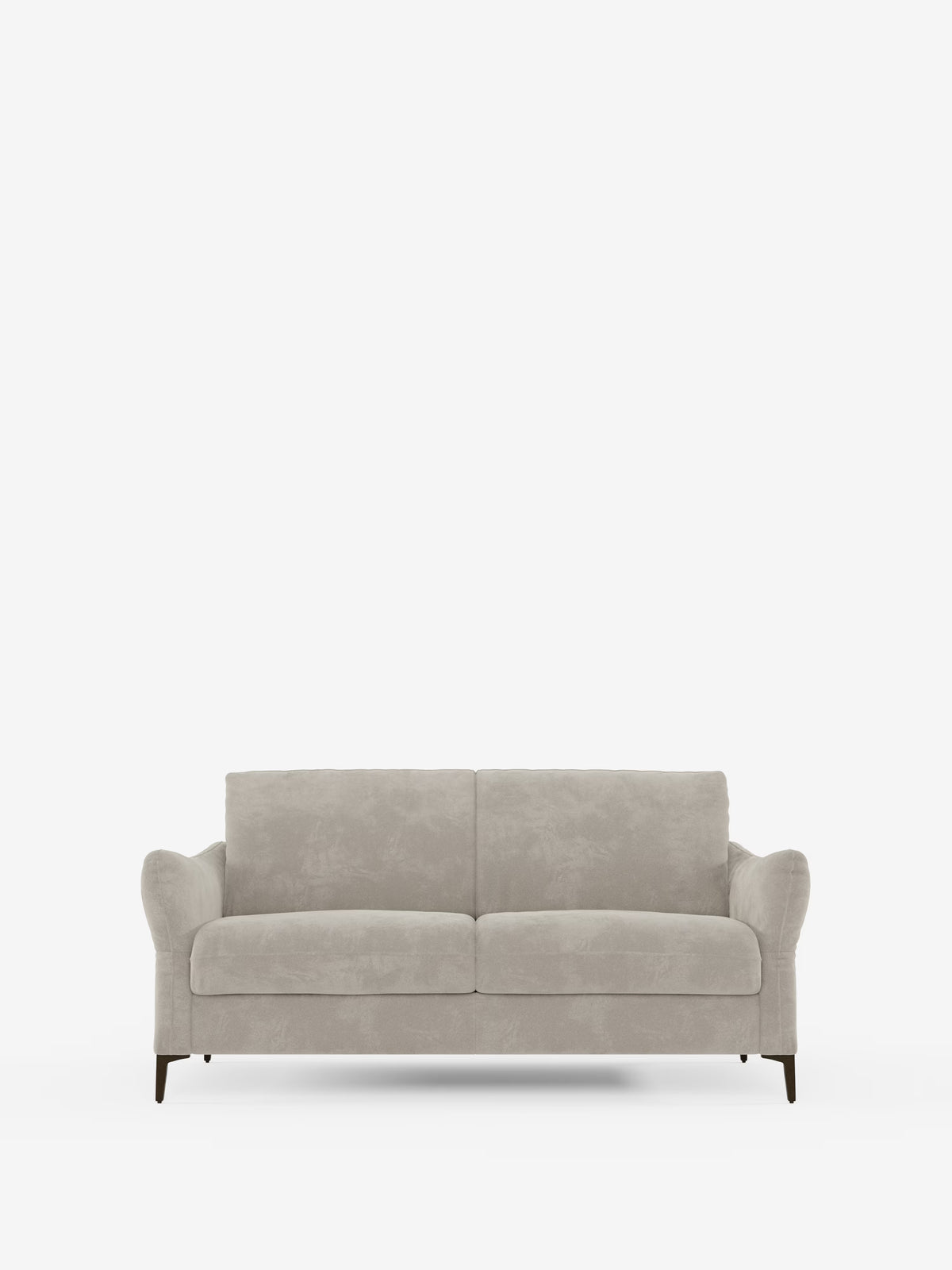 Un divano letto a 2 posti Dalia di colore grigio chiaro di Divani.Store, caratterizzato da linee pulite, braccioli ricurvi e gambe in legno scuro. Rivestito in moderno tessuto di velluto T30, facile da pulire, questo divano letto presenta morbidi cuscini dello schienale e della seduta che gli conferiscono un aspetto contemporaneo e accogliente. Qui raffigurato su uno sfondo bianco a tinta unita.