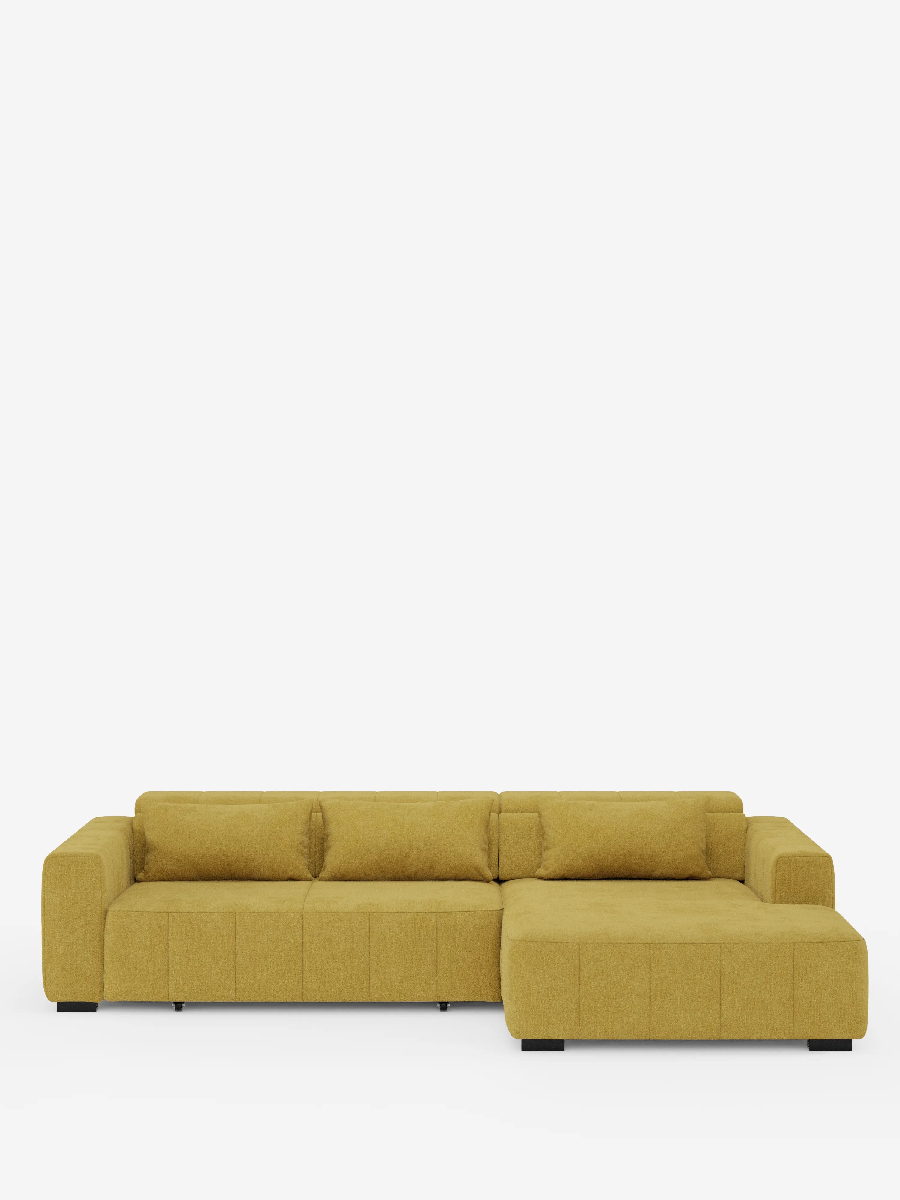 Un divano angolare Doric di colore giallo senape con penisola e sedute allungabili con funzione relax elettrica di Divani.Store, caratterizzato da linee pulite, schienale basso, ampi braccioli e una chaise longue sul lato destro (penisola), si stacca su uno sfondo bianco a tinta unita. Questo divano moderno vanta un design minimalista con gambe quadrate nere e poggiatesta regolabili, rivestito in tessuto T23 facile da pulire.