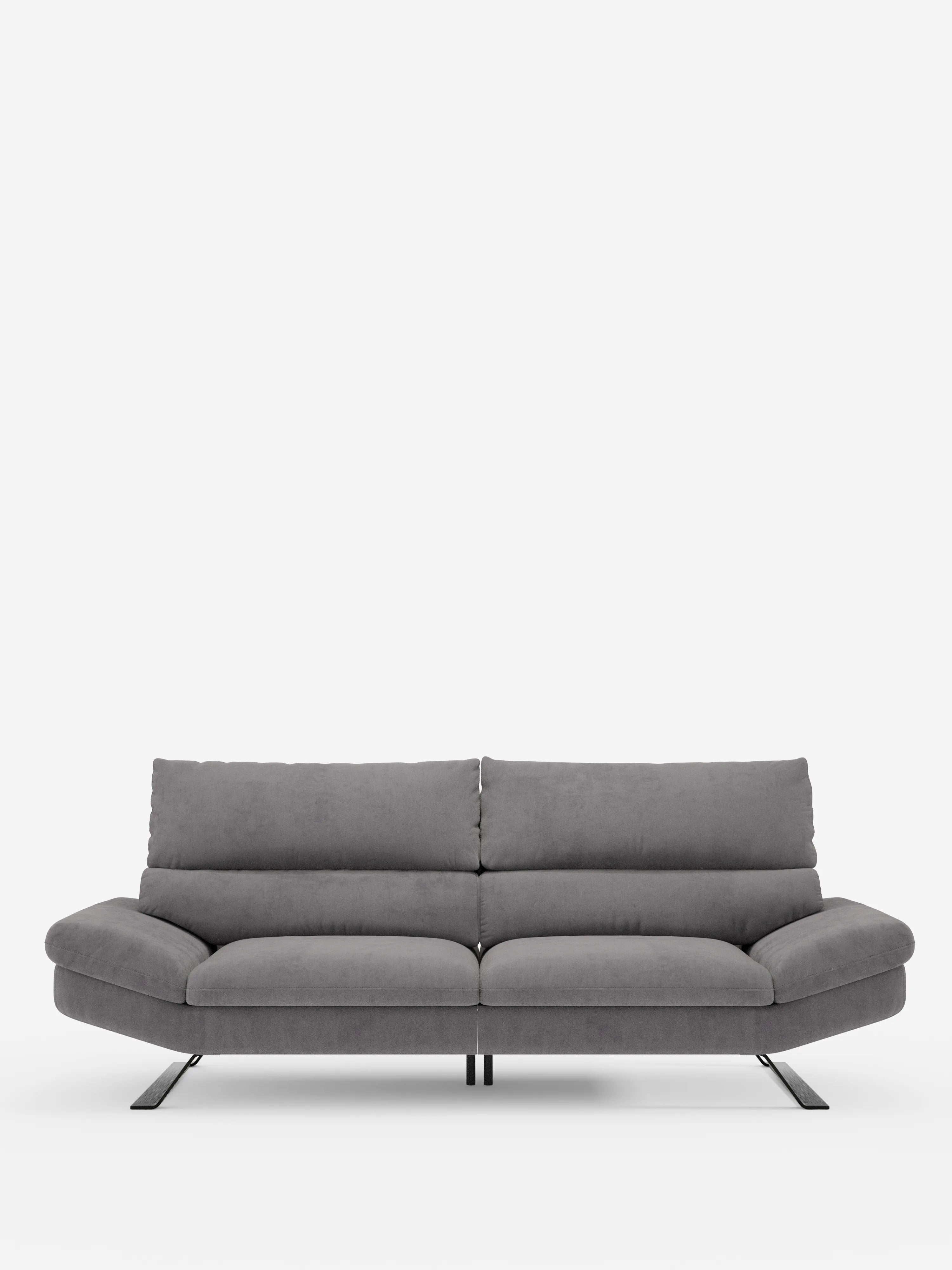 Il divano Eclipse dal design moderno a 2 e 3 posti di Divani.Store è caratterizzato da morbidi cuscini, ampi braccioli e schienali traslanti per un comfort personalizzabile. Rivestito in elegante microfibra T11 resistente alle macchie, questo moderno divano grigio è sostenuto da slanciate gambe in metallo inclinate verso l’esterno. La sua silhouette minimalista dalle linee pulite risalta su uno sfondo bianco a tinta unita.