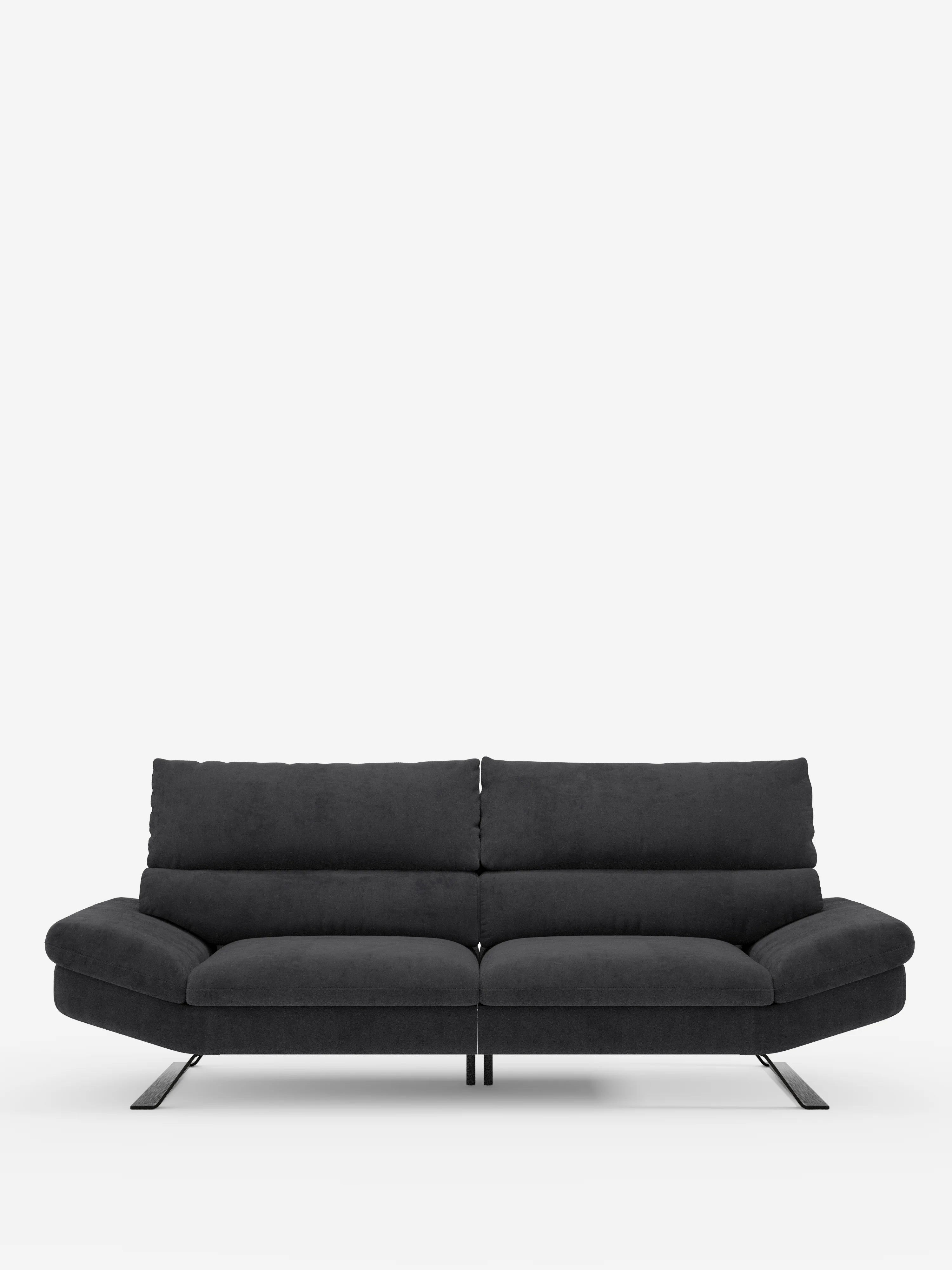 Un divano Eclipse dal design moderno di Divani.Store, in grigio scuro, caratterizzato da imbottitura soffice, schienali traslanti, ampi braccioli e slanciate gambe alte in metallo, rivestito in elegante microfibra T11 resistente alle macchie. Questo divano minimalista e contemporaneo può ospitare comodamente tre persone ed è raffigurato su uno sfondo bianco.