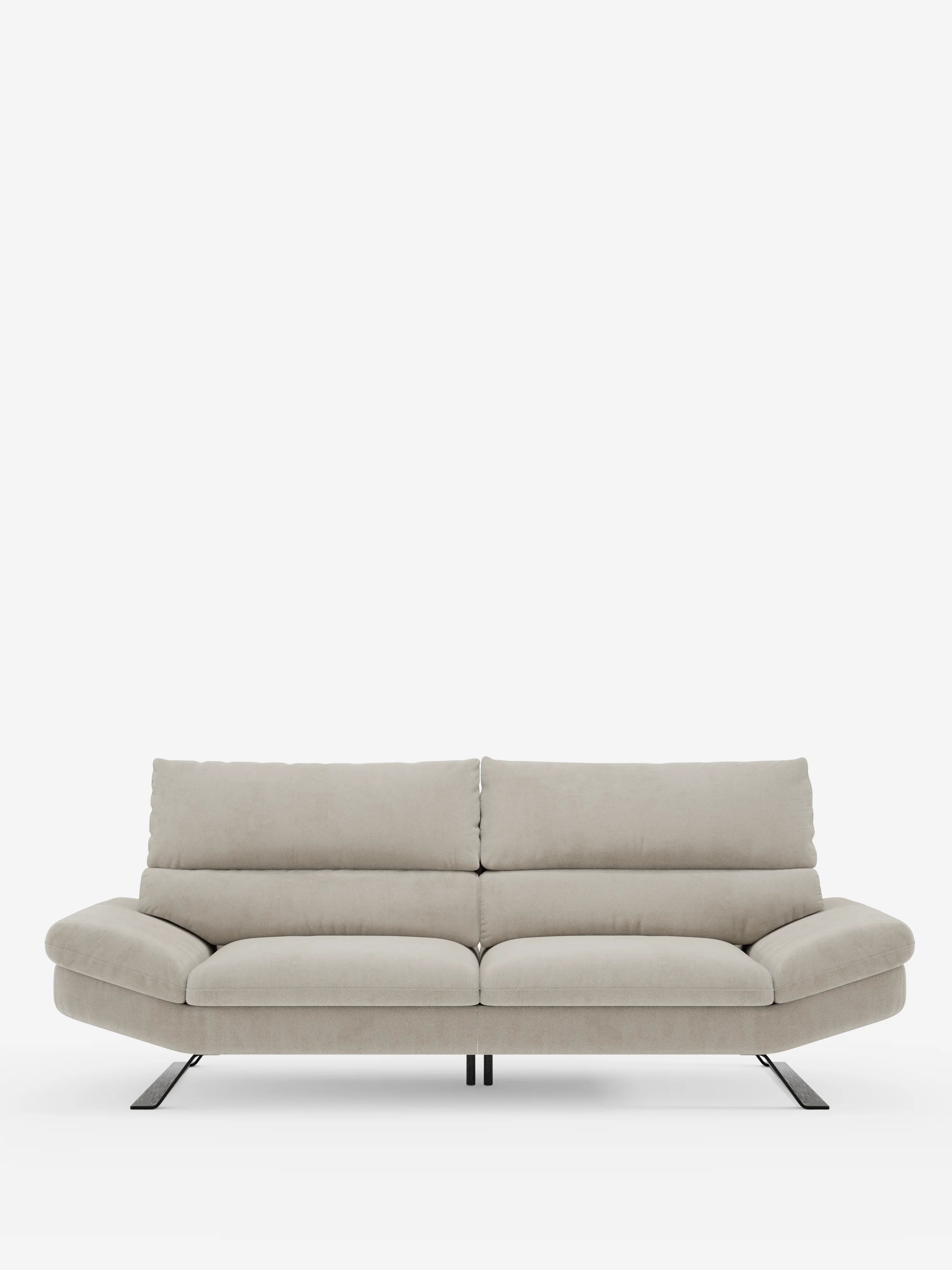 Eclipse Divano, un divano minimalista dal design moderno a 2 e 3 posti di Divani.Store, rivestito in elegante microfibra T11 resistente alle macchie nei toni del grigio chiaro, è caratterizzato da morbidi cuscini, schienali traslanti per un sostegno regolabile, braccioli inclinati ed eleganti gambe alte in metallo nero. La silhouette dalle linee pulite, con il morbido rivestimento e la seduta modulabile, offre un comfort contemporaneo e versatile su uno sfondo bianco.