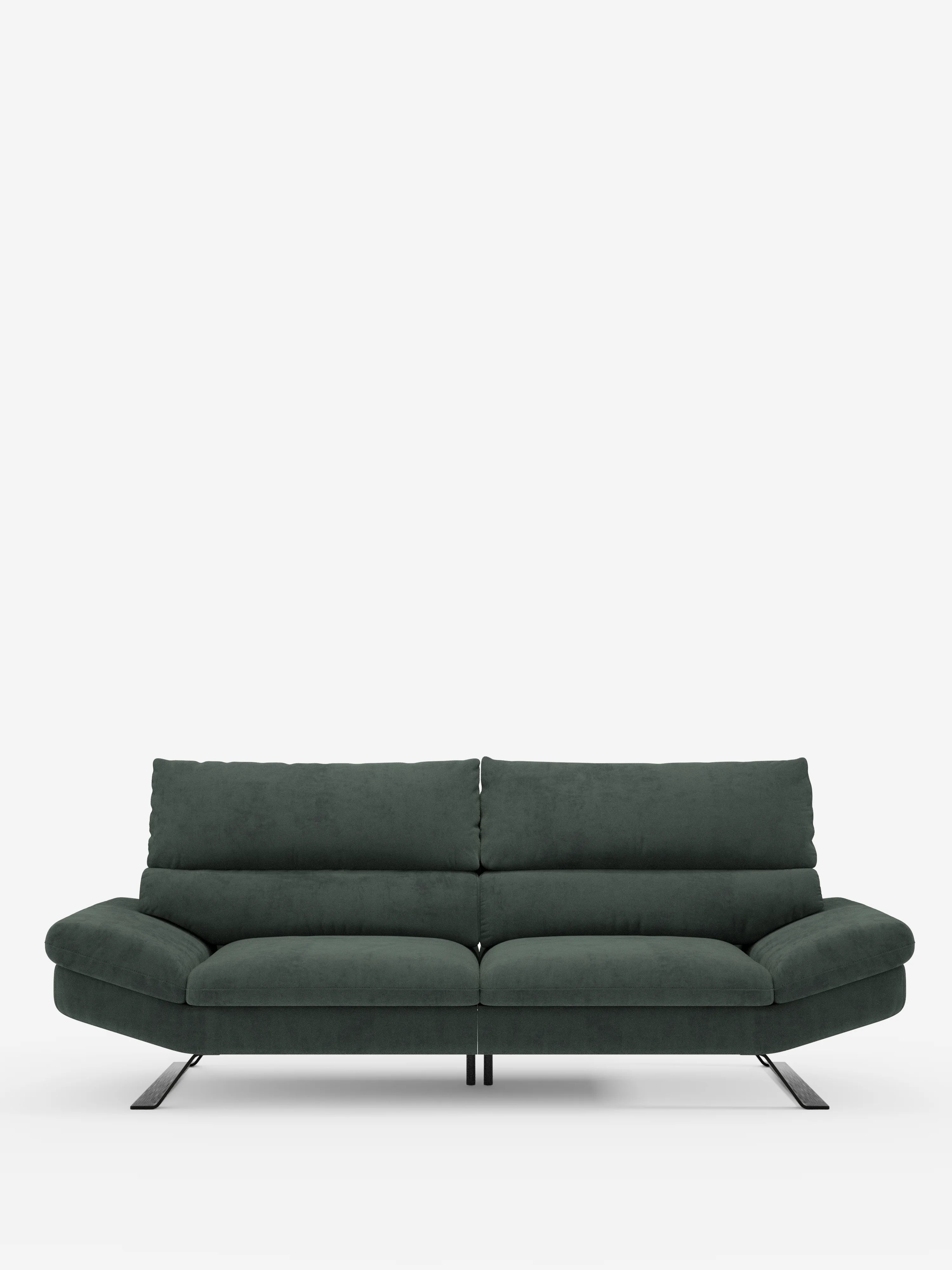 Un elegante divano Eclipse dal design moderno di Divani.Store, rivestito in microfibra T11 resistente alle macchie, spicca al centro su uno sfondo bianco a tinta unita. Questo divano contemporaneo a 2 o 3 posti è caratterizzato da morbidi cuscini, gambe ad angolo pronunciato e schienali traslanti per un sostegno personalizzabile. La sua ampia seduta, lo schienale basso e le linee slanciate e minimaliste offrono il comfort ideale, rendendolo la scelta perfetta per gli interni moderni.