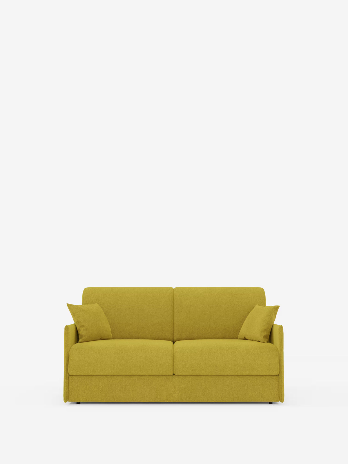 Un divano letto matrimoniale sfoderabile Evans di Divani.Store, rivestito in tessuto T23 antimacchia in un accattivante giallo senape, spicca su uno sfondo bianco a tinta unita. Con il suo design compatto, le linee pulite e la forma minimalista caratterizzata da braccioli bassi e cuscini squadrati, questo divano salvaspazio include due cuscini di seduta, due cuscini decorativi abbinati e un pratico vano portaoggetti per i cuscini, rendendolo il connubio perfetto tra stile e praticità per gli spazi